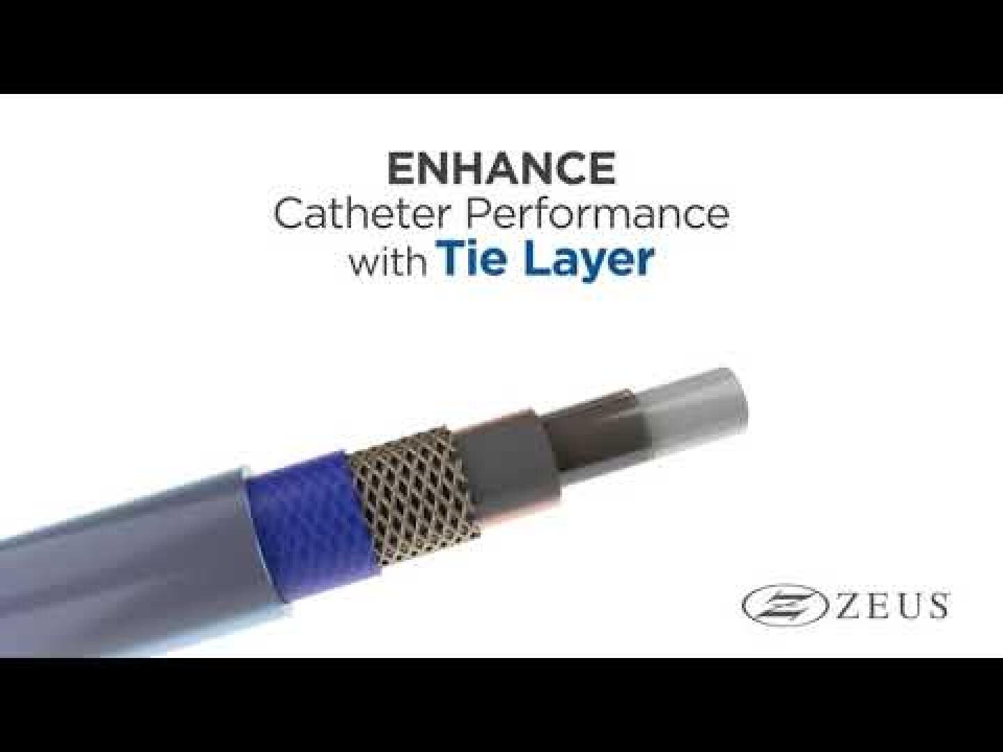 Eine Nahaufnahme eines Katheters mit mehreren Schichten, beschriftet mit Enhance Catheter Performance with Tie Layer und dem Zeus-Firmenlogo in der unteren rechten Ecke.