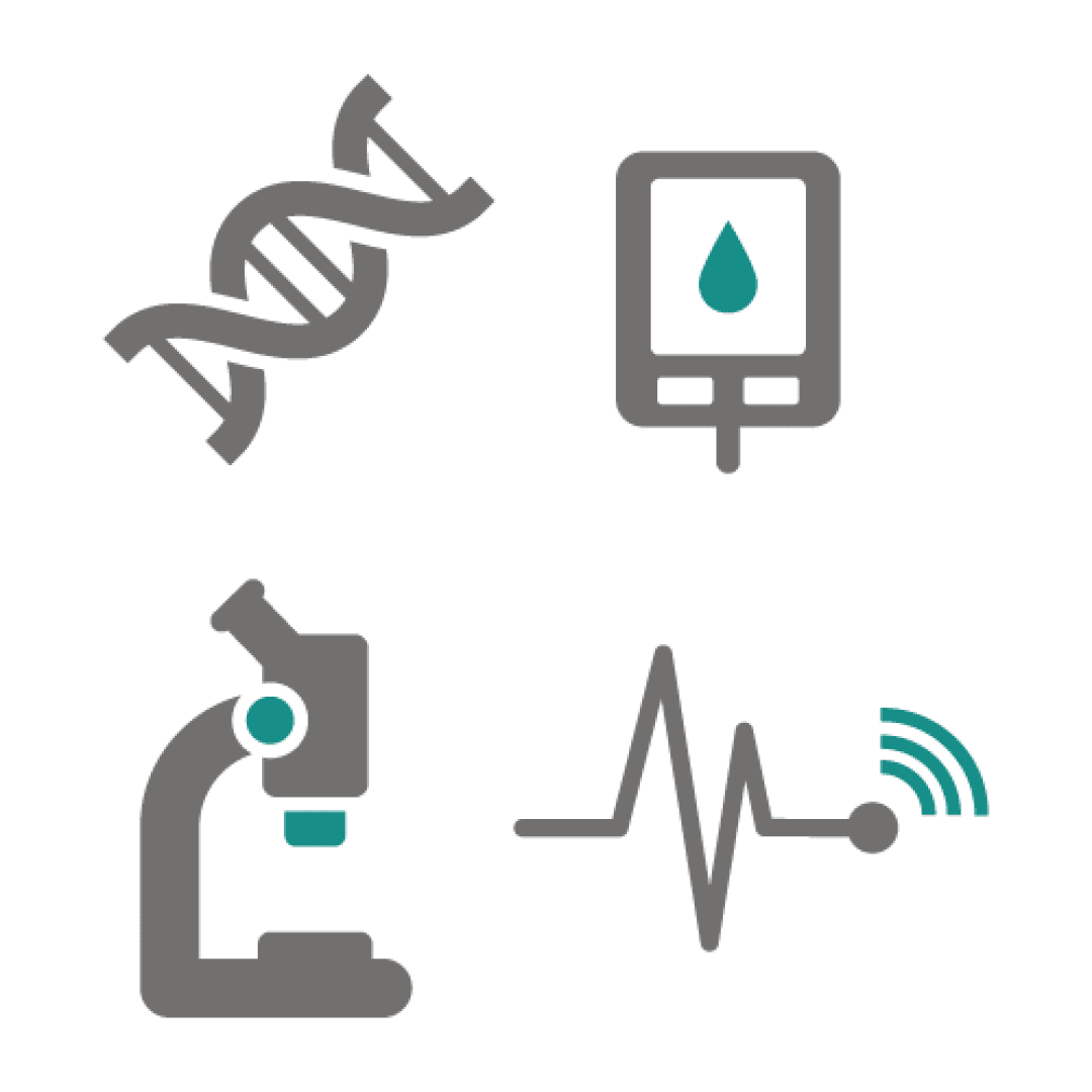 Four symbols for science and healthcare: a DNA double helix, a blood glucose meter with a drop of blood, a microscope, and a heart rate monitor with a wireless signal.