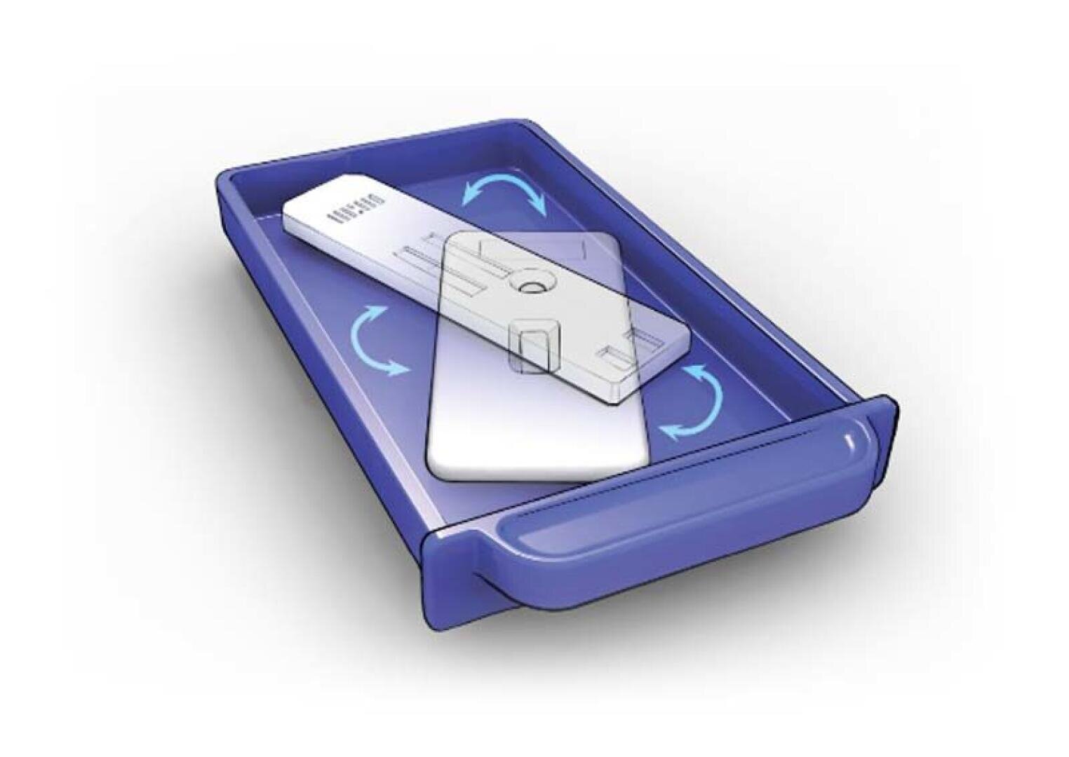 Abbildung eines blauen Tabletts, das einen Schnelltest enthält, der gemäß den kreisförmigen Pfeilen gedreht wird, was darauf hindeutet, dass der Test in dem Tablett gedreht oder geschüttelt werden sollte.