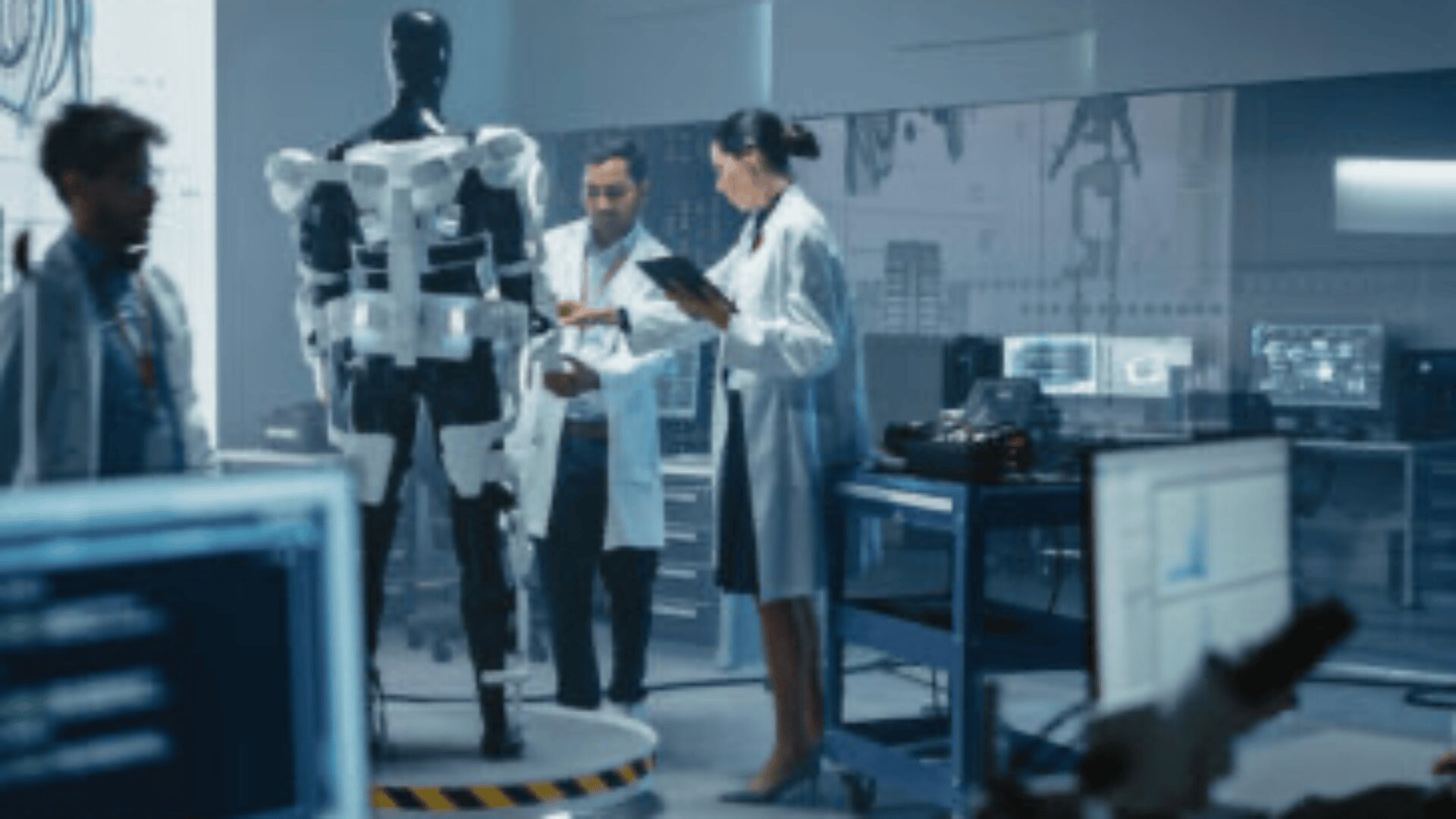Wissenschaftler in Laborkitteln untersuchen und diskutieren eine schwarze Schaufensterpuppe, die mit einem weißen Exoskelett-Anzug ausgestattet ist, in einem modernen Labor voller Computer und fortschrittlicher Geräte.