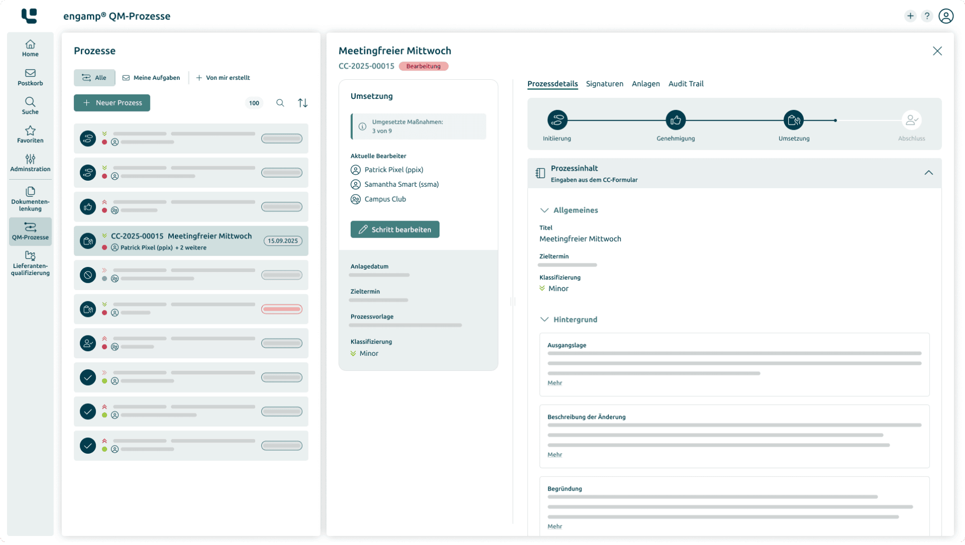Screenshot of a web-based process management dashboard showing a list of processes on the left, process details in the center, and tabs for process phases, signatures, tasks, and audit trails on the right.