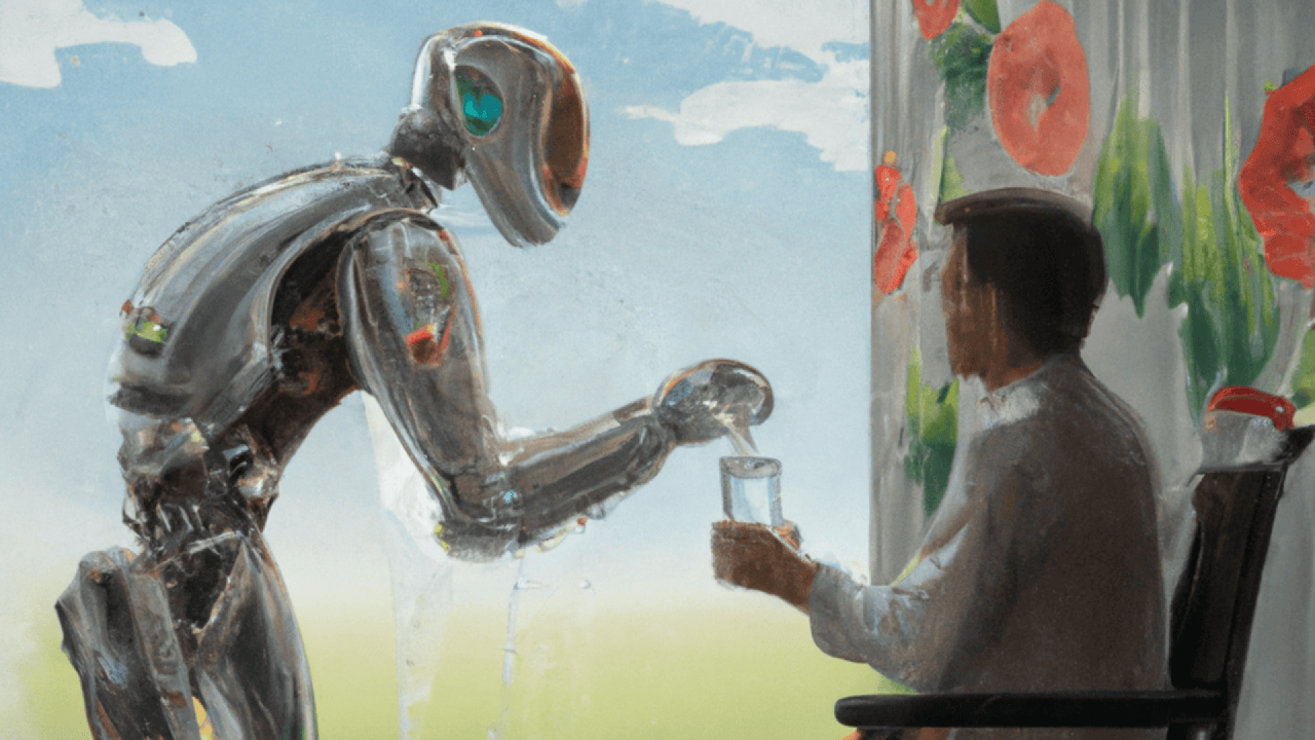 A robot hands a glass of water to an elderly person sitting in a chair near a window with red flowers outside, symbolizing caregiving and companionship.