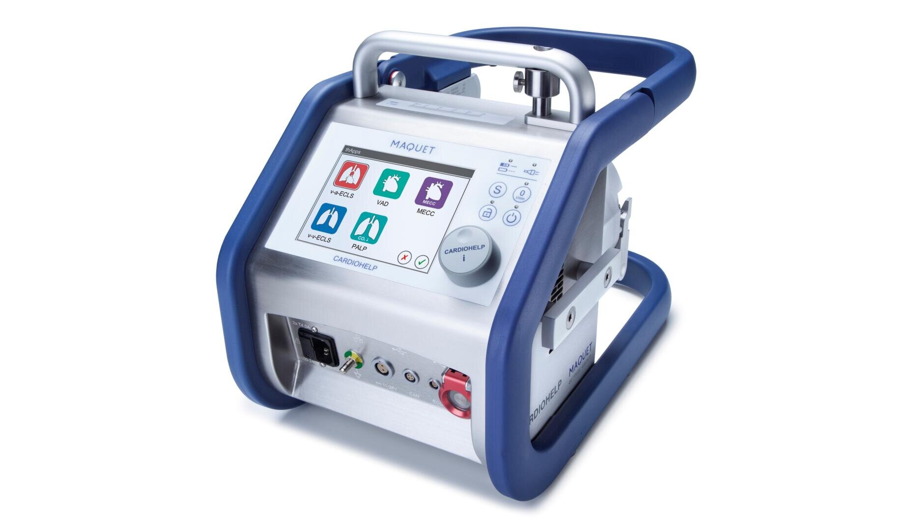 Ein tragbares medizinisches Gerät mit einem Touchscreen-Display mit der Bezeichnung MAQUET, das farbige Symbole und Steuertasten zeigt. Das Gerät ist von einem blauen Schutzrahmen umgeben und hat verschiedene Anschlüsse auf der Vorderseite.