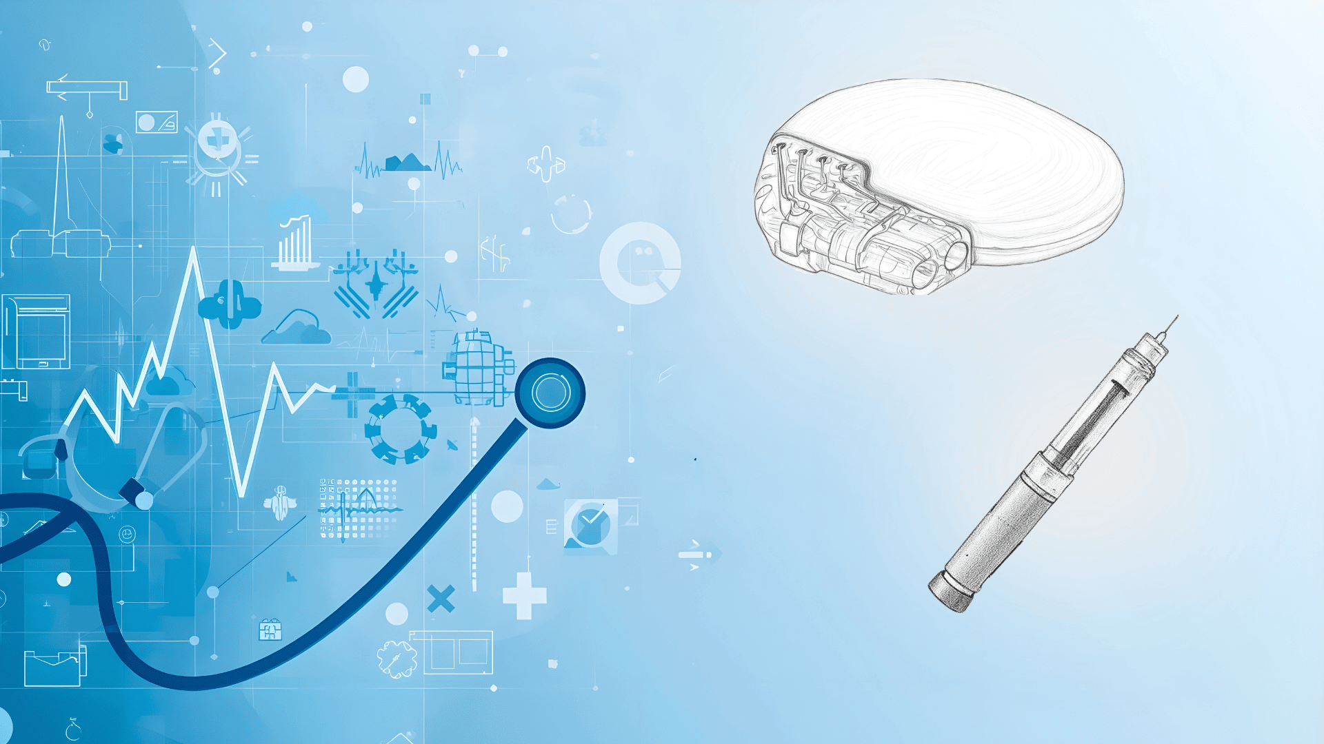 Ein blaues Stethoskop bildet auf der linken Seite eine Herzmonitorlinie mit medizinischen Symbolen. Auf der rechten Seite sind skizzenhafte Zeichnungen einer Insulinpumpe und eines Injektionsstifts auf hellblauem Hintergrund zu sehen.