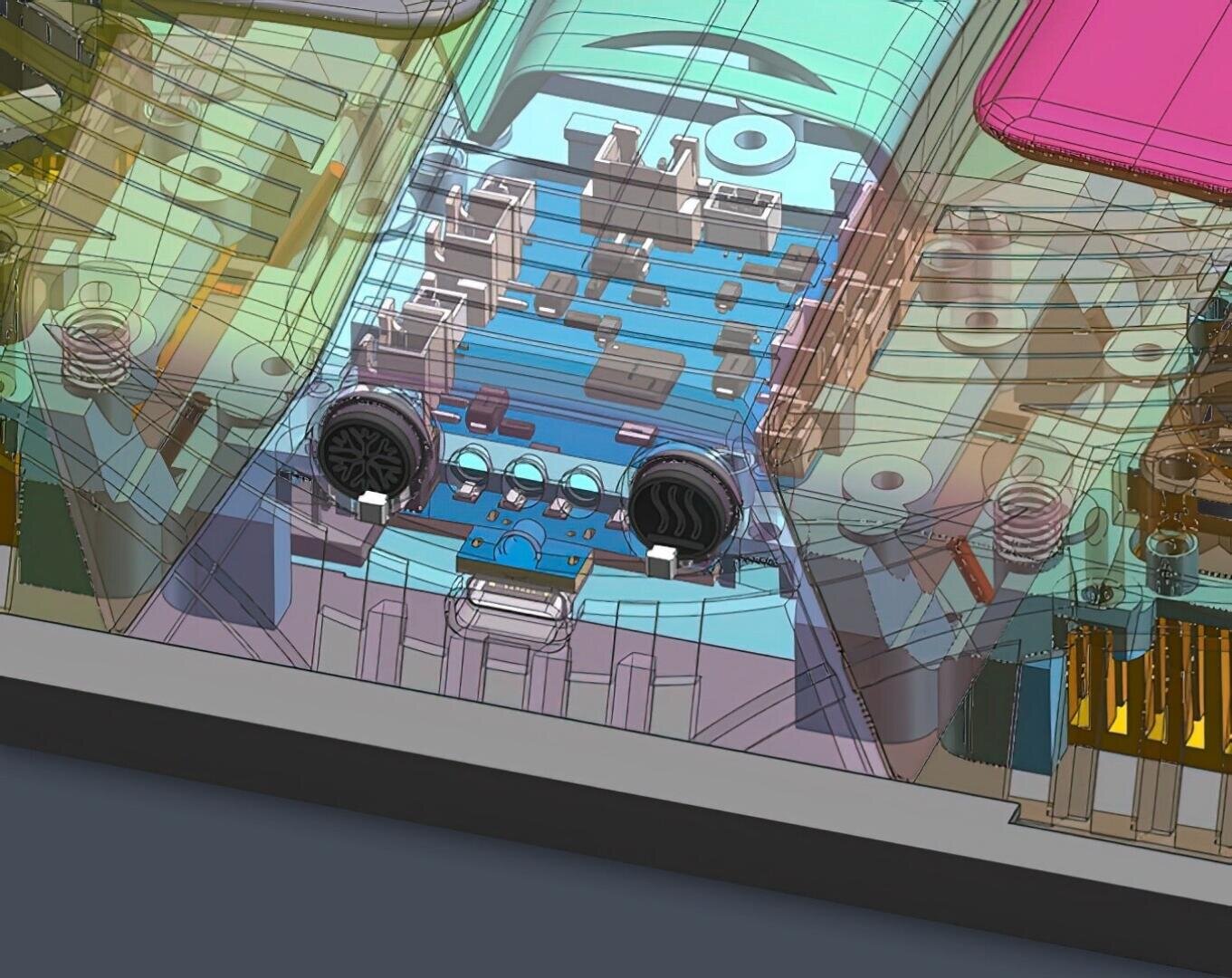 Ein detailliertes, farbenfrohes CAD-Rendering zeigt die internen Komponenten und Schaltkreise eines elektronischen Geräts, wobei verschiedene Leiterplatten, Anschlüsse und technische Teile durch durchsichtige Außenschichten sichtbar sind.