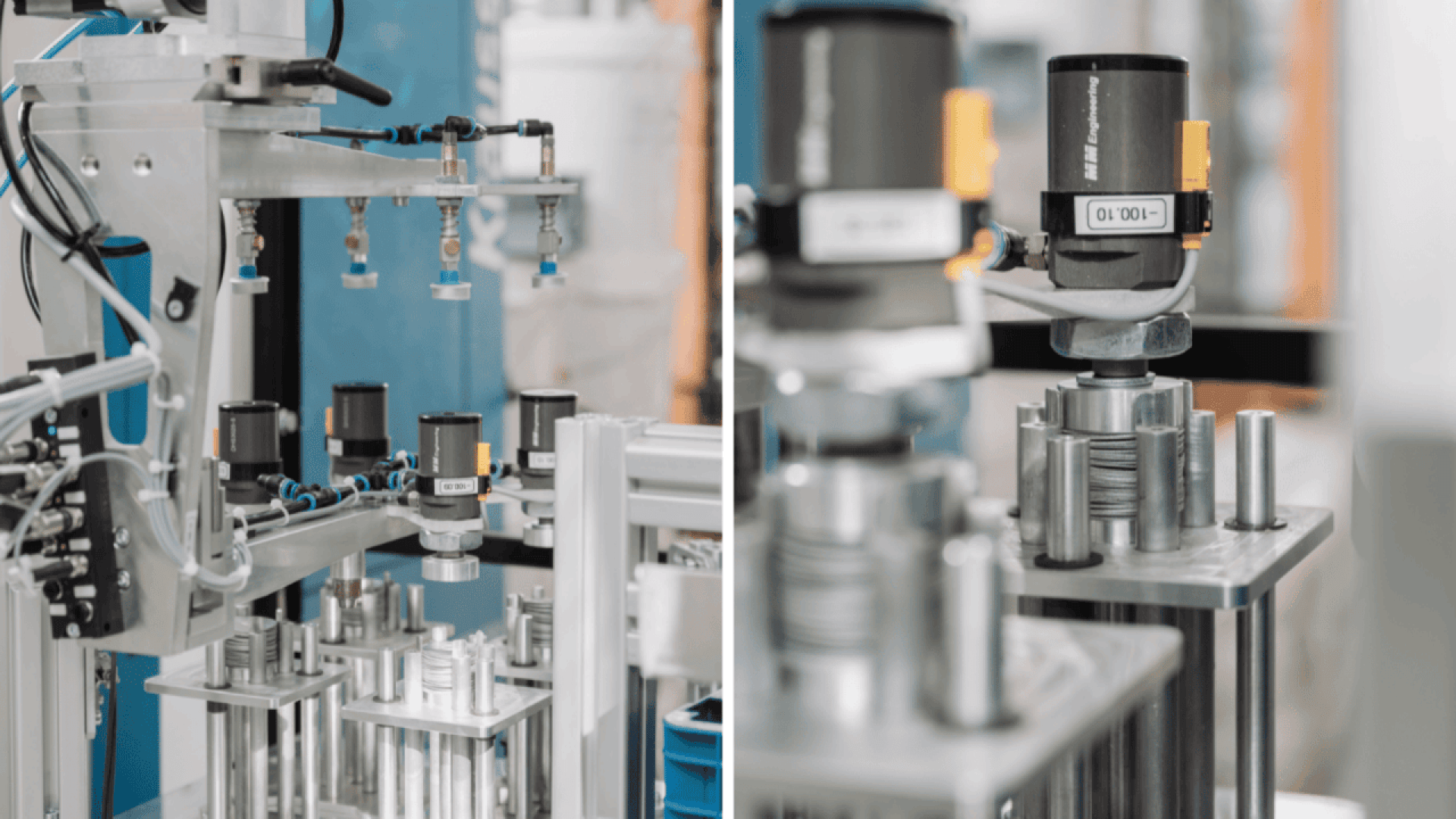 A close-up view of automated robotic arms and machinery assembling metal components in an industrial manufacturing setting.