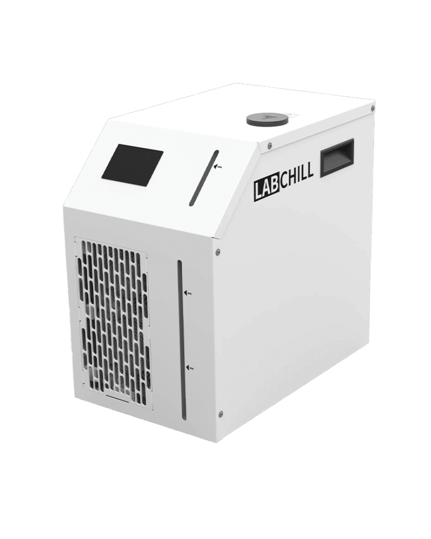 A white, box-shaped laboratory chiller labeled LABCHILL with a vent, display screen, and control buttons on the front panel. The background is transparent.