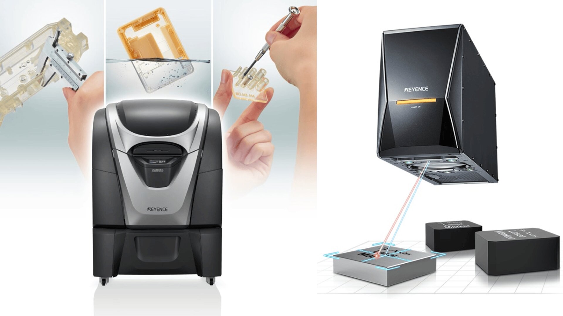 Die Collage zeigt in der Mitte einen KEYENCE 3D-Drucker, links Hände, die ein durchsichtiges Kunststoffteil und eine Leiterplatte handhaben, und rechts eine KEYENCE-Lasermarkiermaschine, die ein elektronisches Bauteil graviert.
