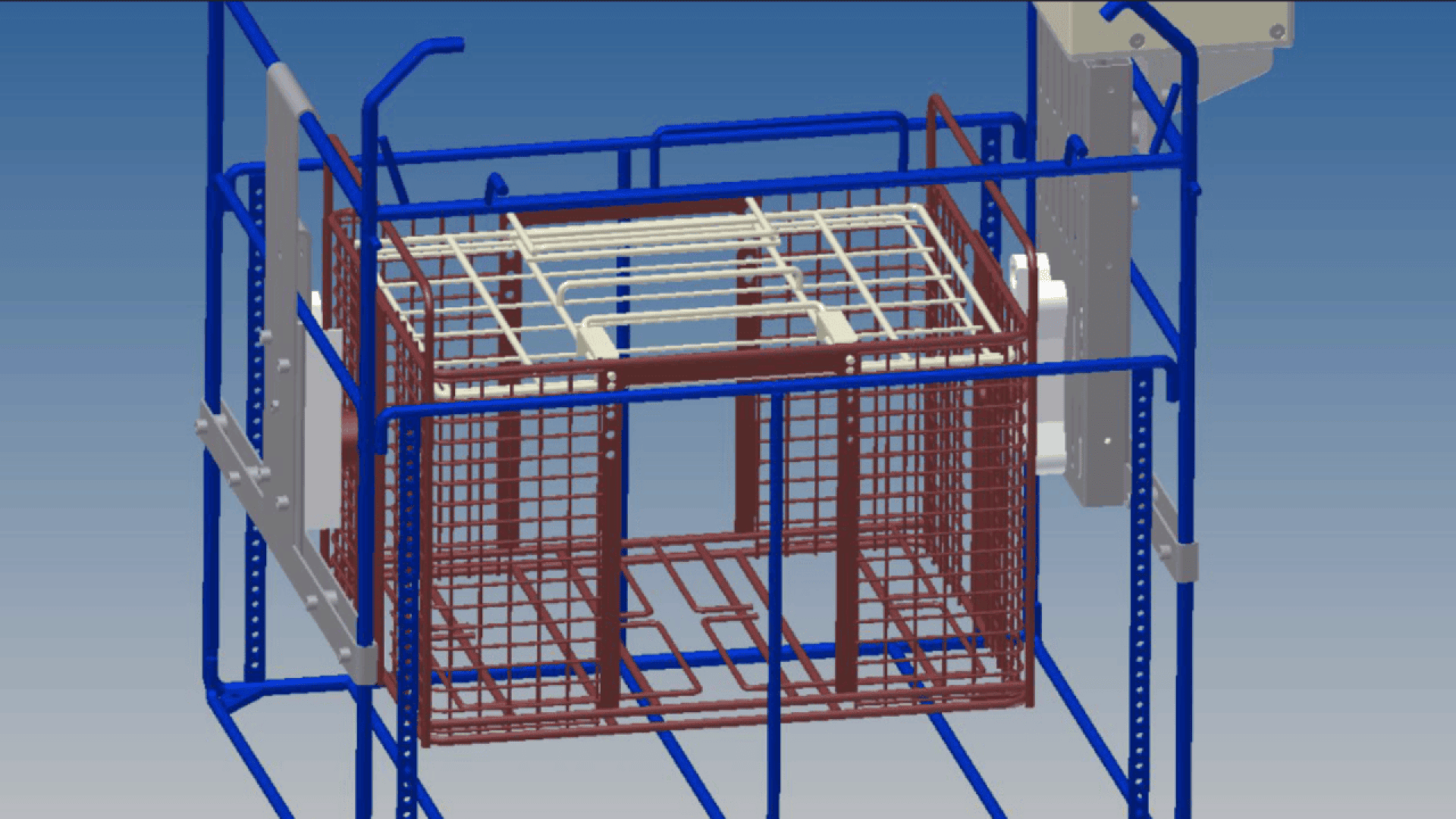 3D CAD model showing a rectangular metal wire cage with red and white grids, surrounded by a blue support frame and gray mechanical components, against a blue gradient background.