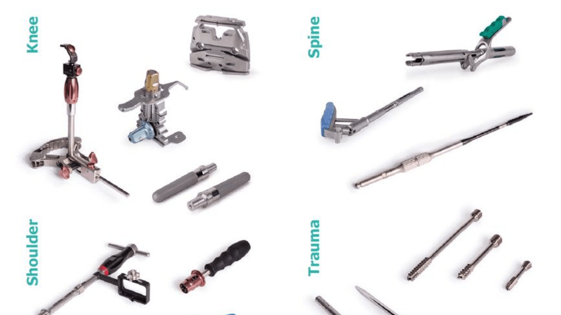 A selection of orthopedic surgical instruments organized by body area: knee, spine, shoulder, and trauma, each group labeled and displaying specialized medical tools on a white background.
