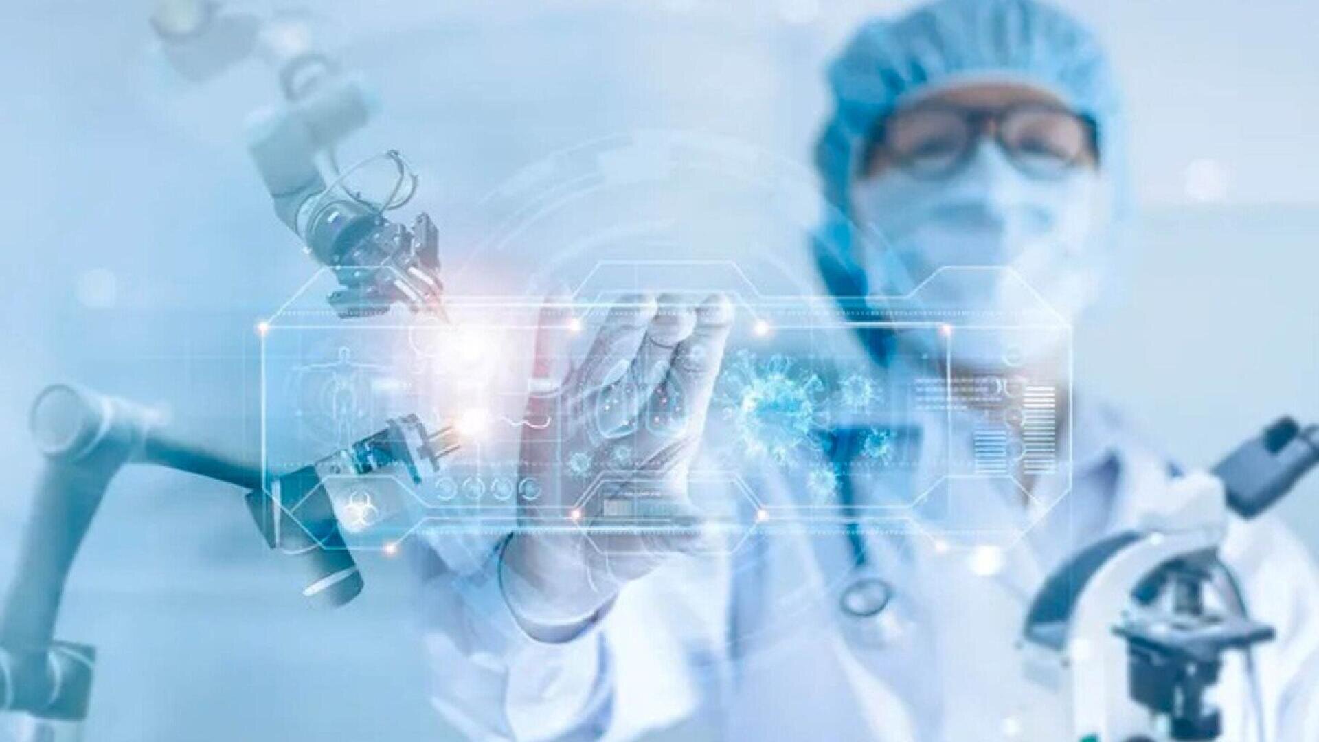 A scientist in protective clothing interacts with a transparent digital interface, surrounded by robotic arms and scientific equipment in a futuristic laboratory setting.