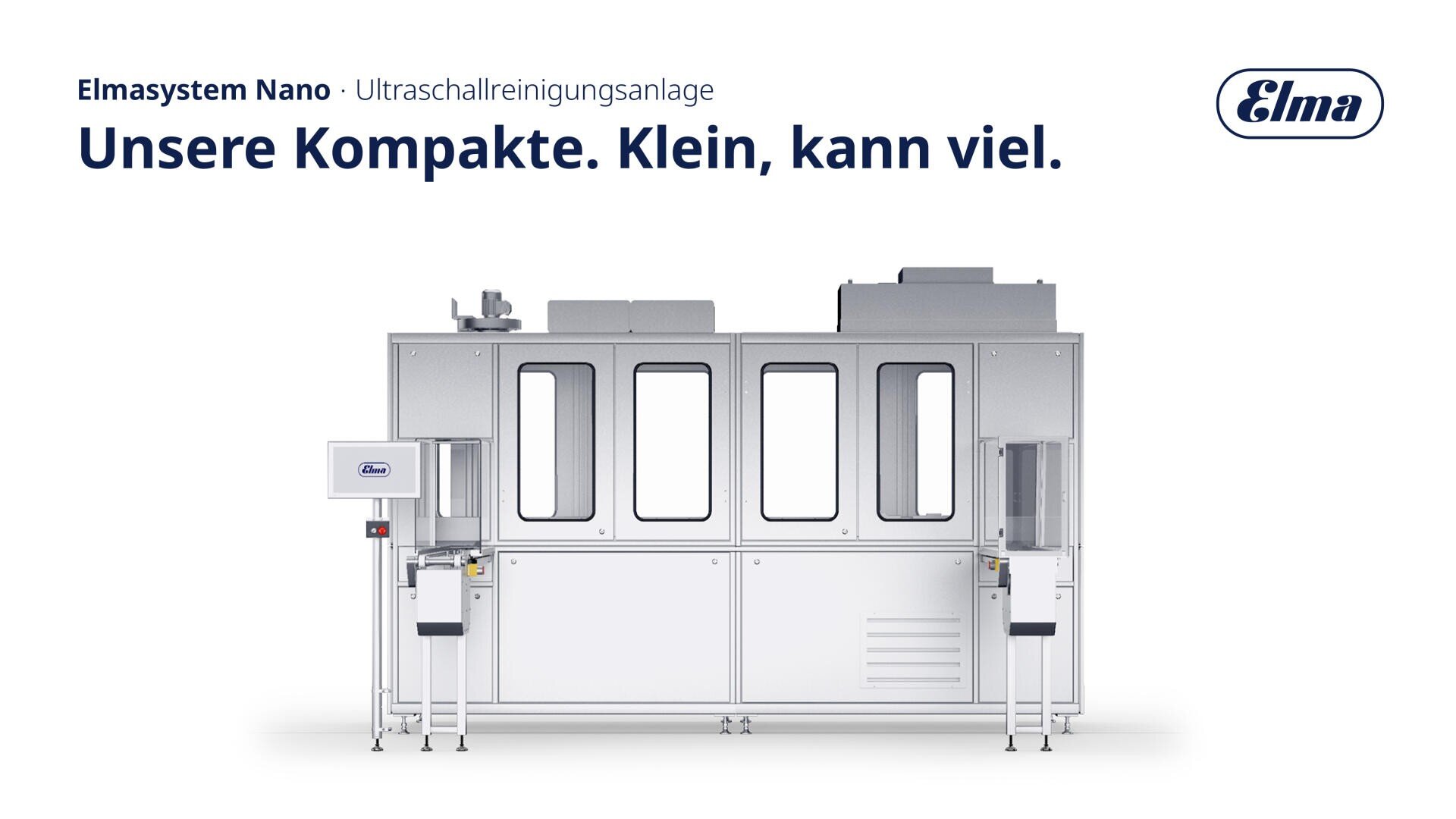 Front view of the Elmasystem Nano ultrasonic cleaning system, a compact industrial machine with glass doors and control panels, featuring the Elma logo and German text emphasizing the versatility of the system.