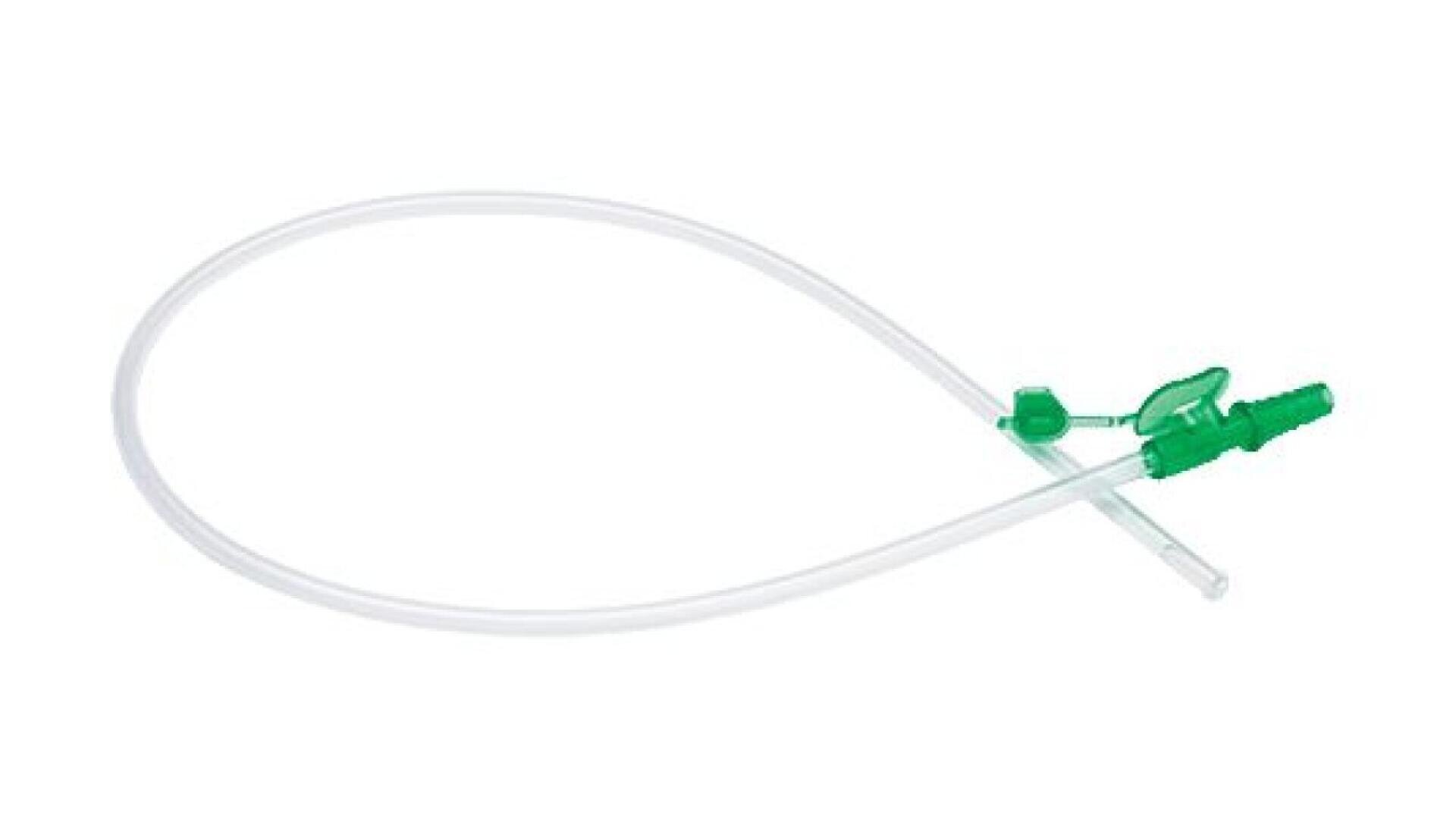 A sterile, transparent medical tube with a green connector and clamp, commonly used as a nasogastric feeding or suction tube, is coiled on a white background.
