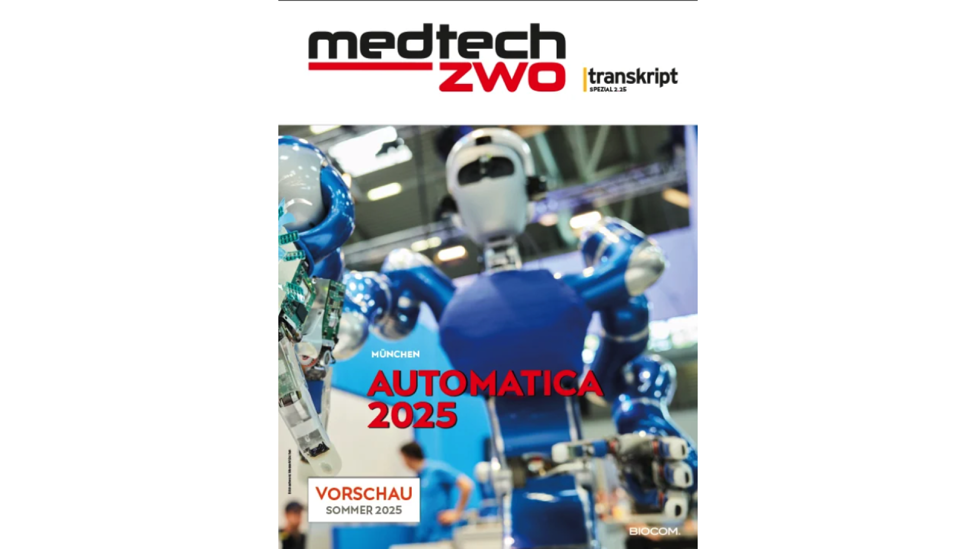 A magazine cover shows a large blue and white humanoid robot at a technology event. The headline reads AUTOMATICA 2025 with details about a summer 2025 preview in Munich. The top features the medtech zwo logo.