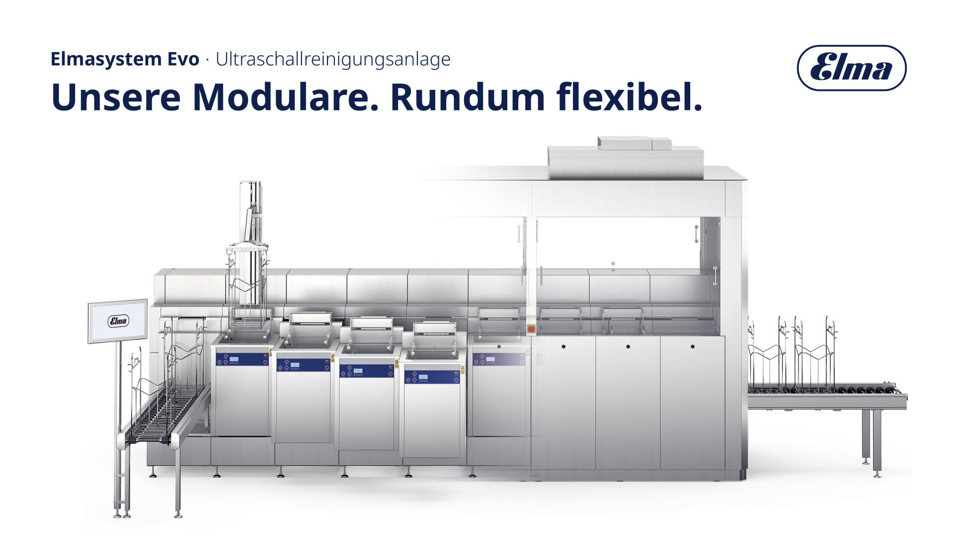 A large, industrial Elmasystem Evo ultrasonic cleaning machine with several chambers is shown. The text reads: Our modular machines. All-round flexibility. and the Elma logo is shown in the top right-hand corner.