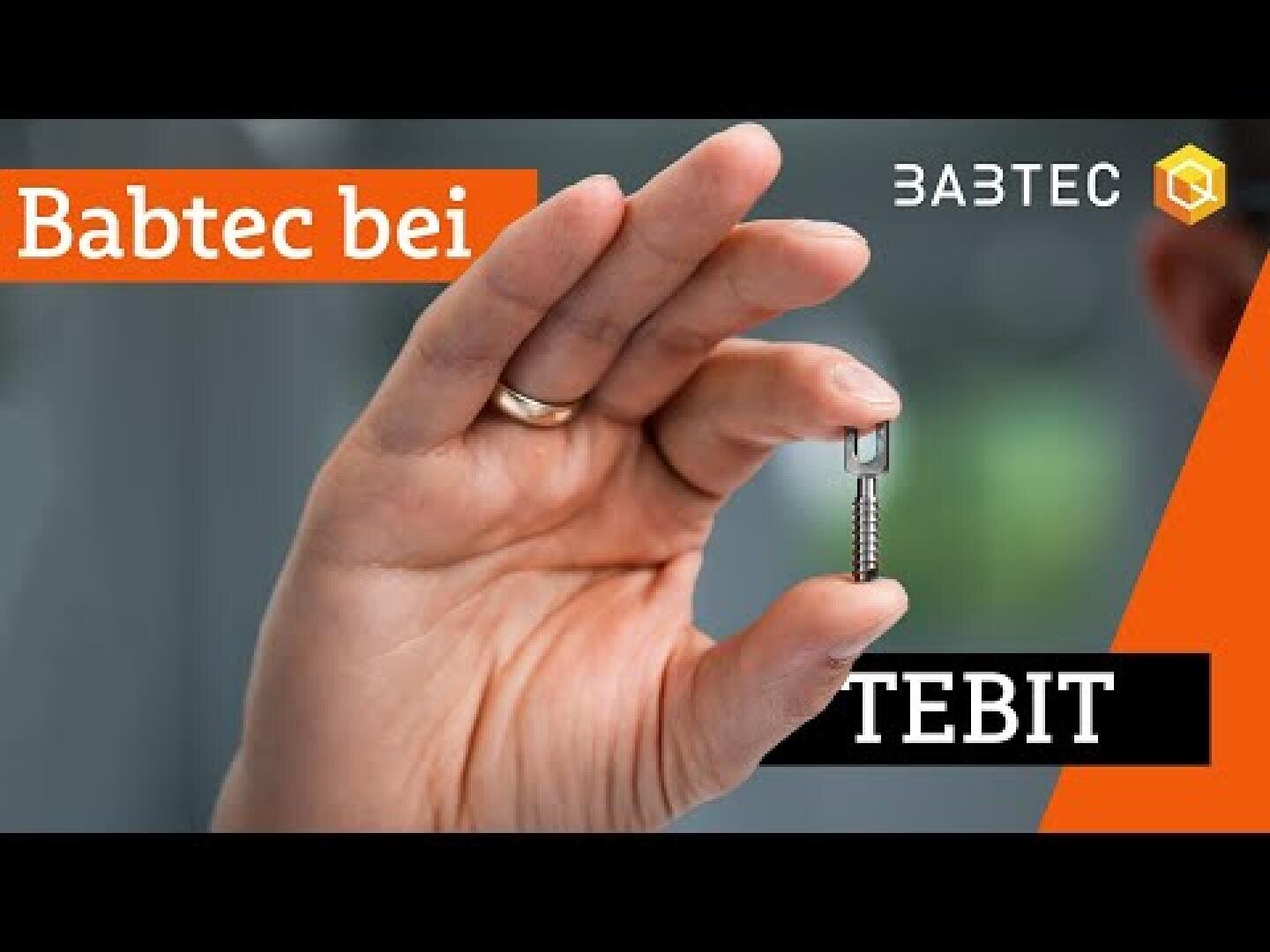 A hand holding a small screw upright between fingers. The image has orange and black banners with the text Babtec bei and TEBIT, along with a company logo in the top right corner.
