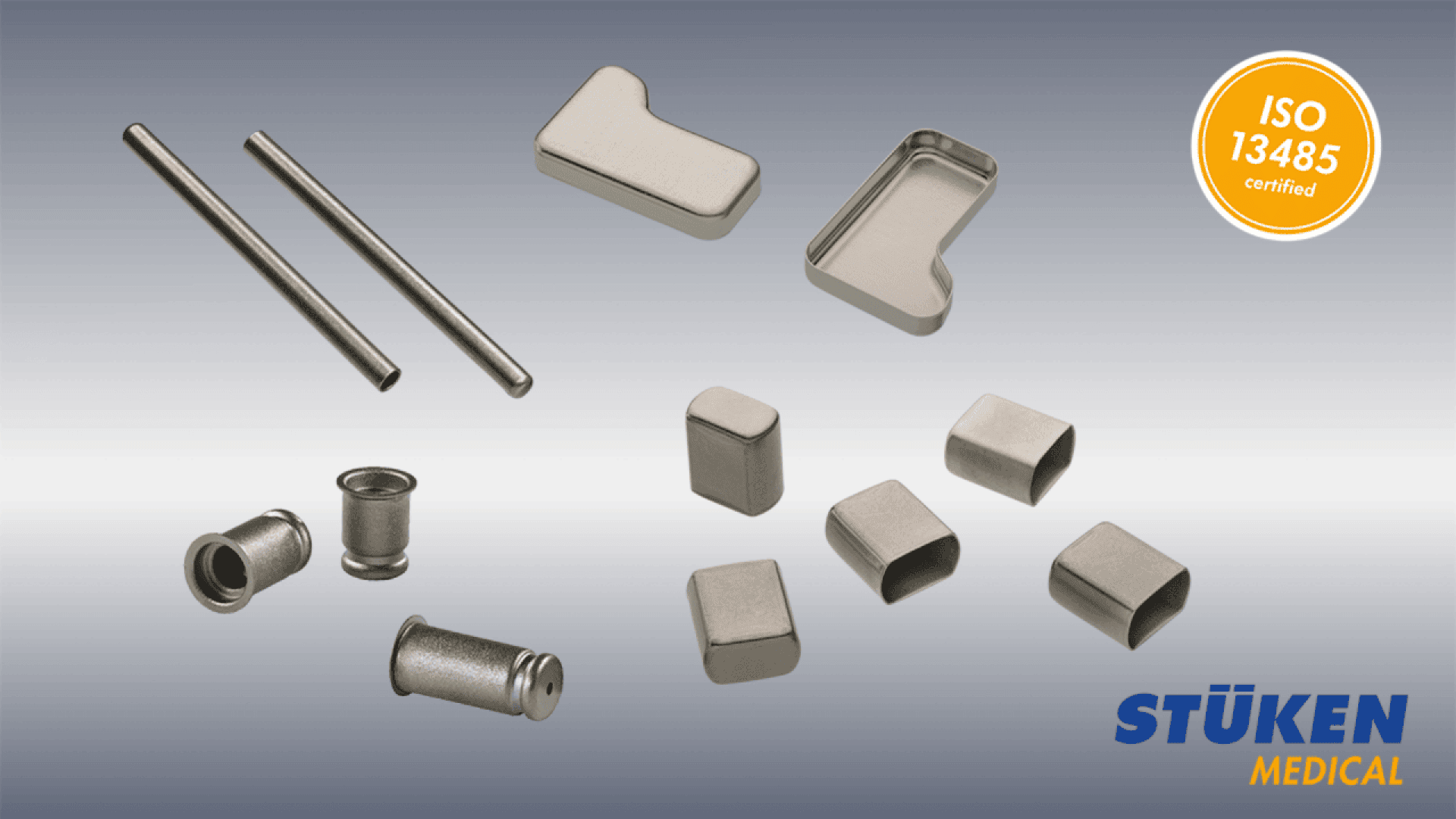 Various small metal medical components are arranged on a gradient background, with an ISO 13485 certified badge and the Stüken Medical logo in the corner.