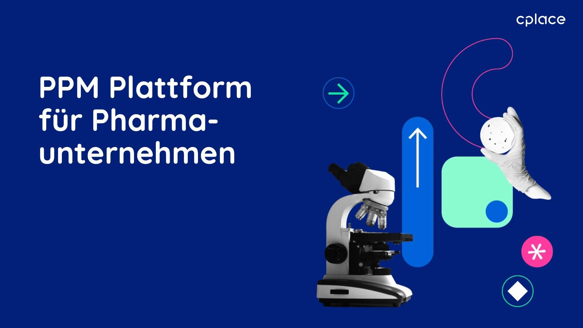 Eine Grafik mit dem Text PPM Plattform für Pharmaunternehmen neben einem Mikroskop, abstrakten Formen und Pfeilen auf dunkelblauem Hintergrund, die eine Plattform für Pharmaunternehmen darstellen.