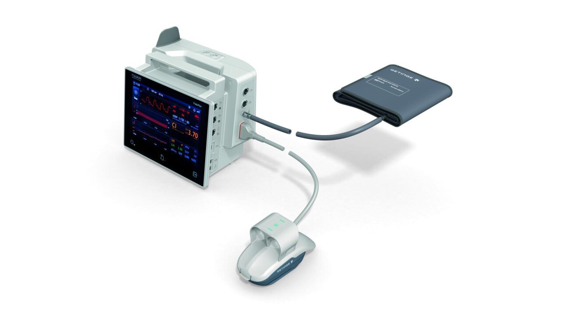 A digital patient monitor displays vital signs, with cables connected to a blood pressure cuff and a finger pulse oximeter, against a white background.