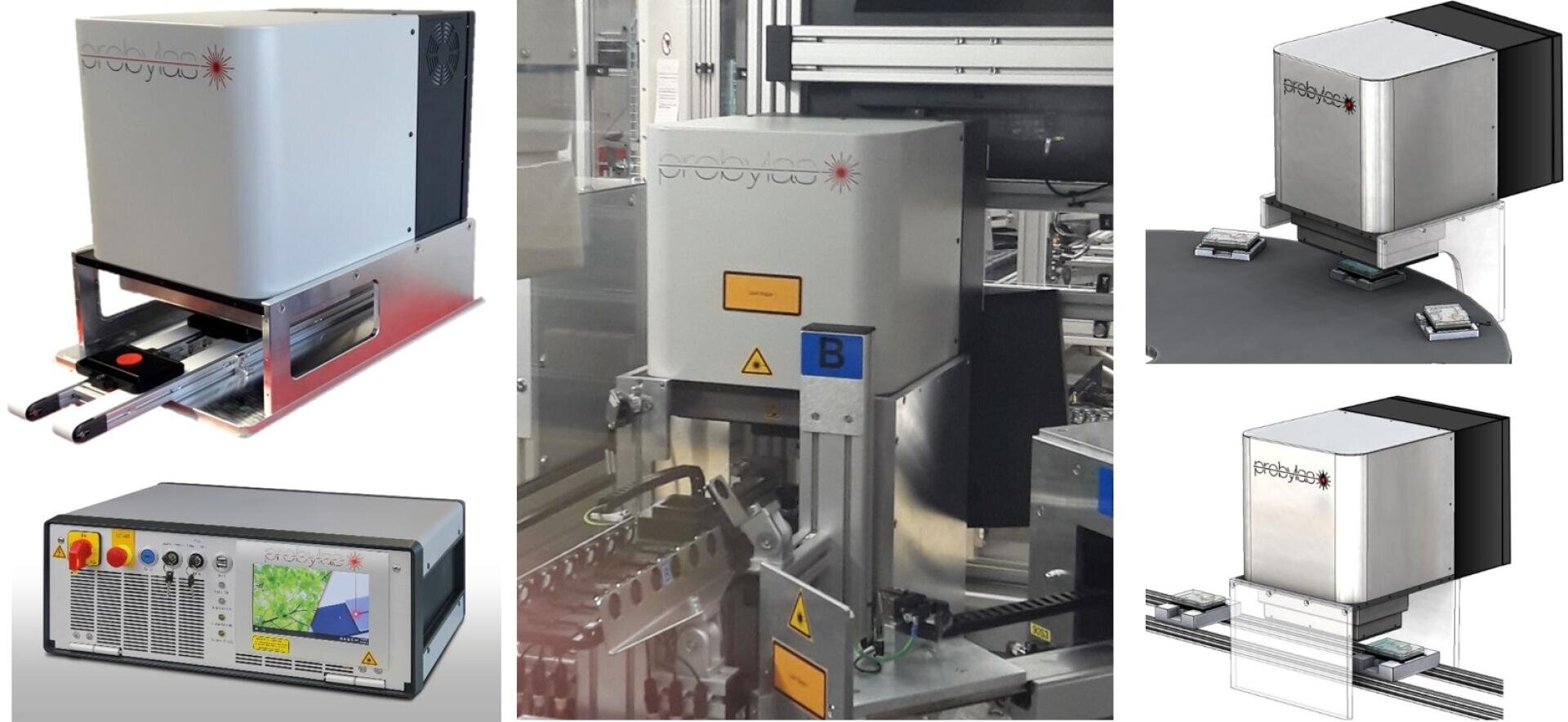 Eine Collage mit verschiedenen Ansichten von industriellen Laserbeschriftungsmaschinen, darunter Nahaufnahmen, Seitenansichten und Maschinen, die in automatisierte Produktionslinien mit elektronischen Komponenten integriert sind.