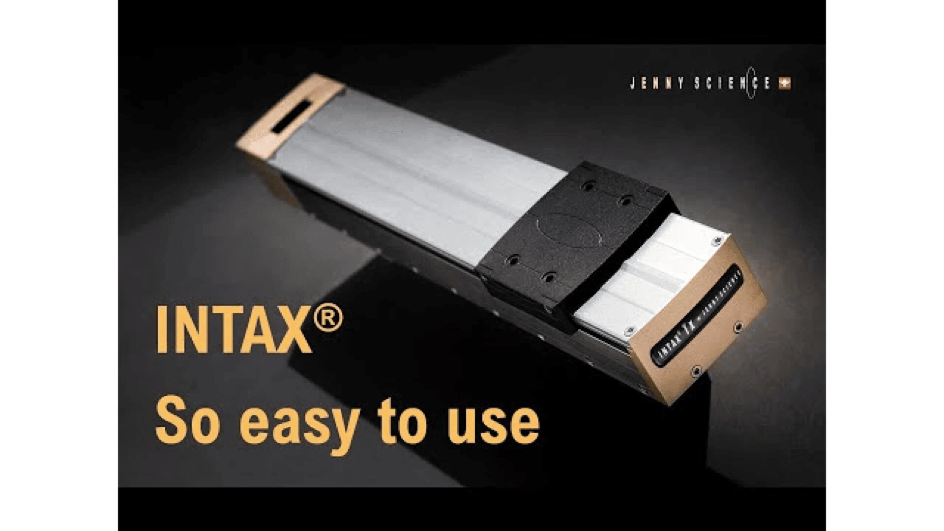 A metallic linear actuator with gold and silver components is shown on a dark background. Text reads: INTAX® So easy to use. The brand Jenny Science is visible in the top right corner.