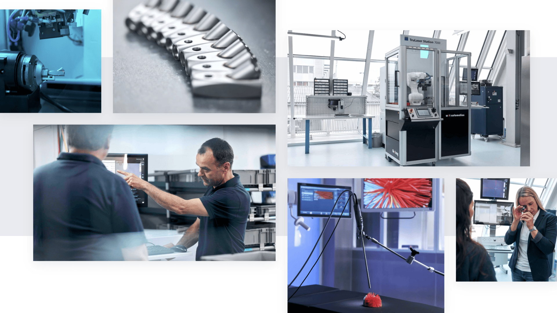 Eine Collage zeigt verschiedene Szenen in einer High-Tech-Produktions- oder Forschungsanlage, darunter Maschinen, Metallteile, arbeitende Ingenieure, Roboterarme, Computer und eine Frau, die Ausrüstung fotografiert.
