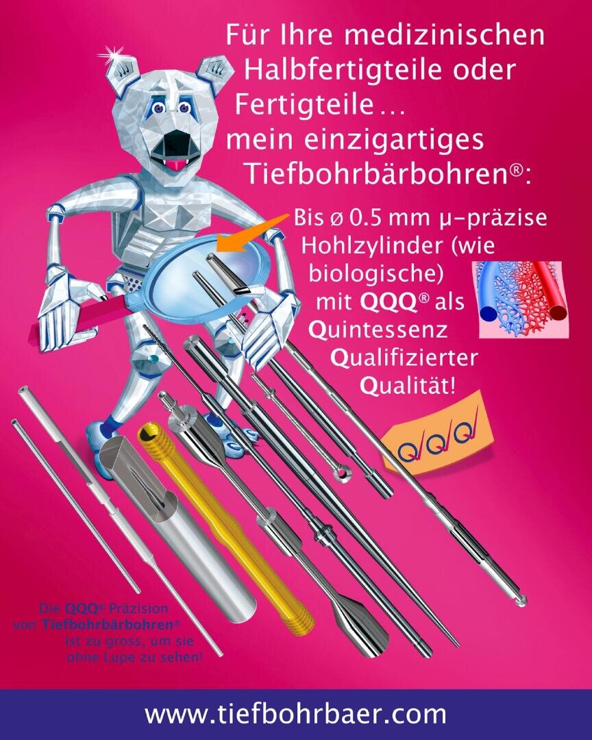 Ein Cartoon-Bär aus Metall hält eine große Bohrmaschine, umgeben von verschiedenen Metallbohrern. Der deutsche Text wirbt für präzise Tiefbohrtechnik für medizinische Teile, mit rosa Hintergrund und einem Website-Link am unteren Rand.