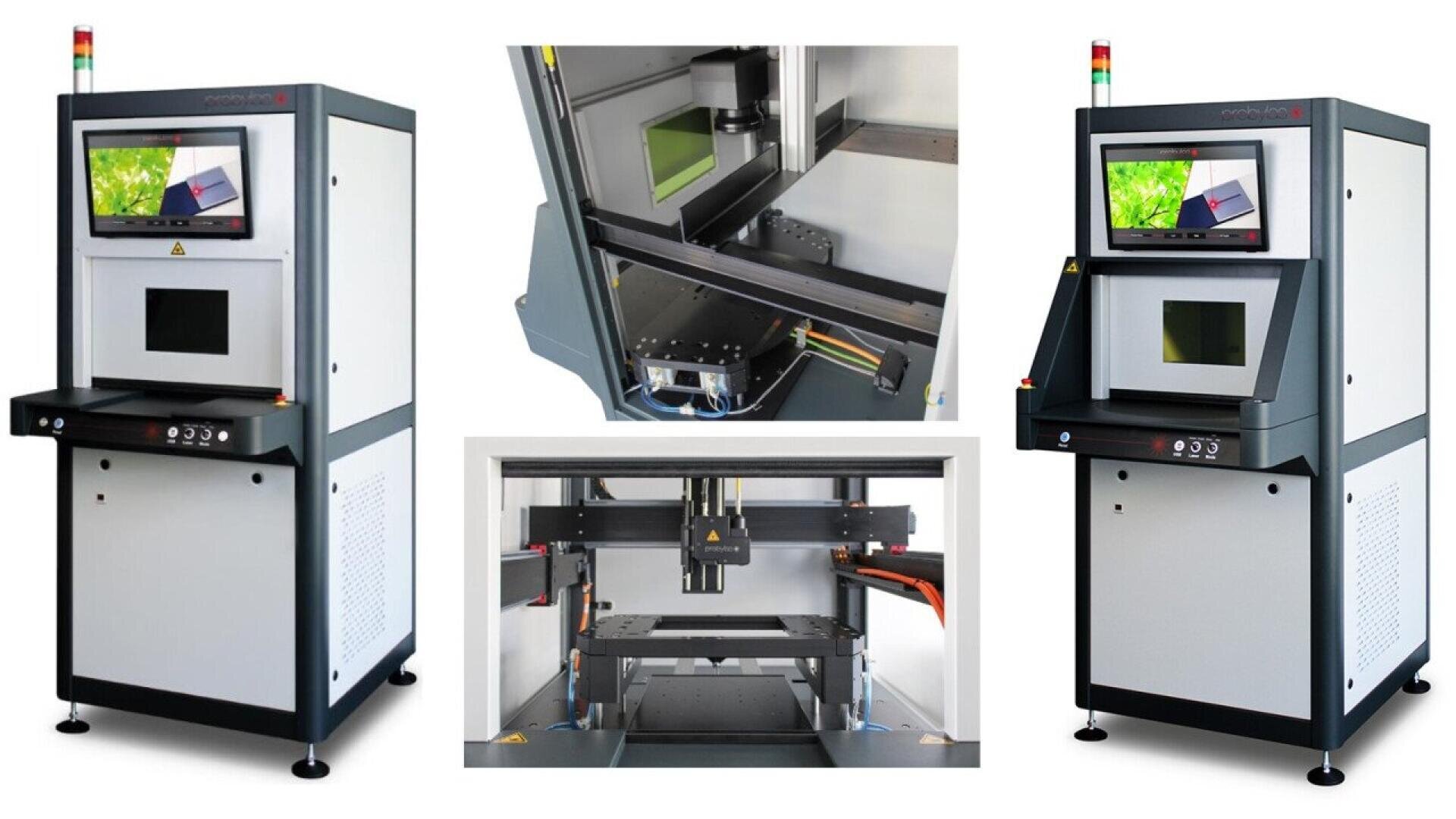 A collage showing a large industrial machine with a display screen, control buttons, and interior mechanical parts, likely used for precision manufacturing or laser processing.