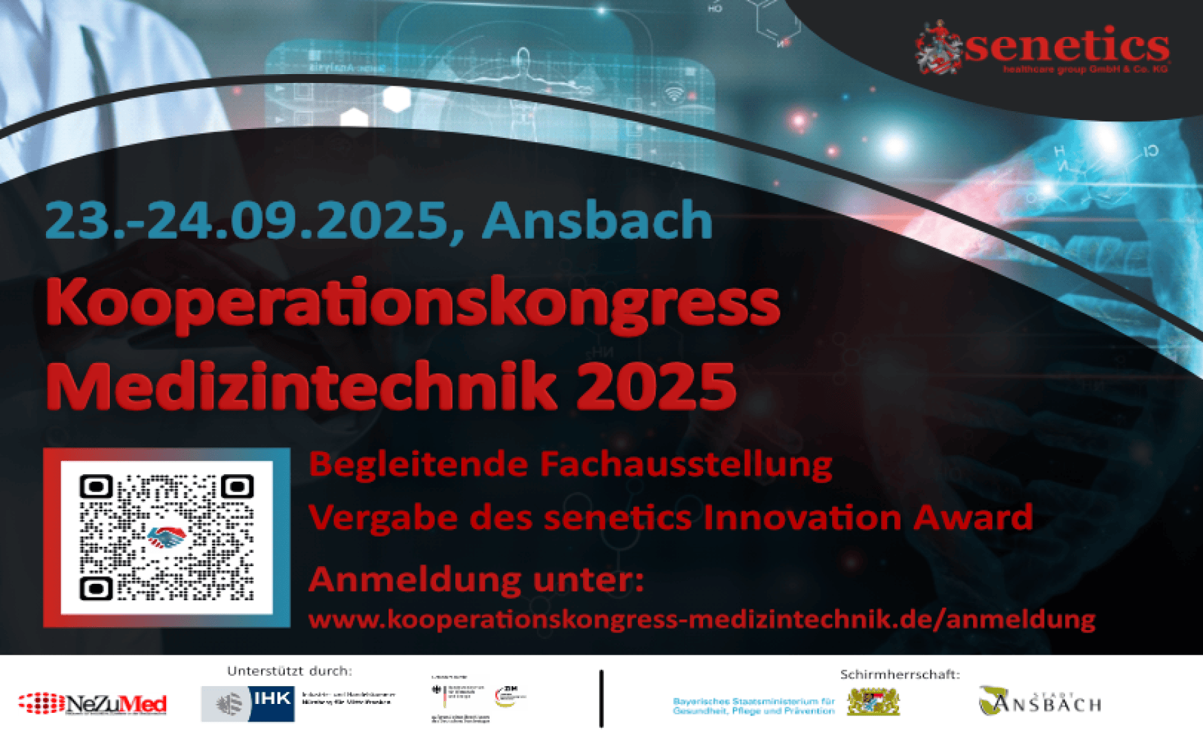 Ein Werbeplakat für den "Kooperationskongress Medizintechnik 2025" in Ansbach am 23. und 24. September 2025, mit Veranstaltungshinweisen, einem QR-Code und mehreren Logos von unterstützenden Organisationen am unteren Rand.
