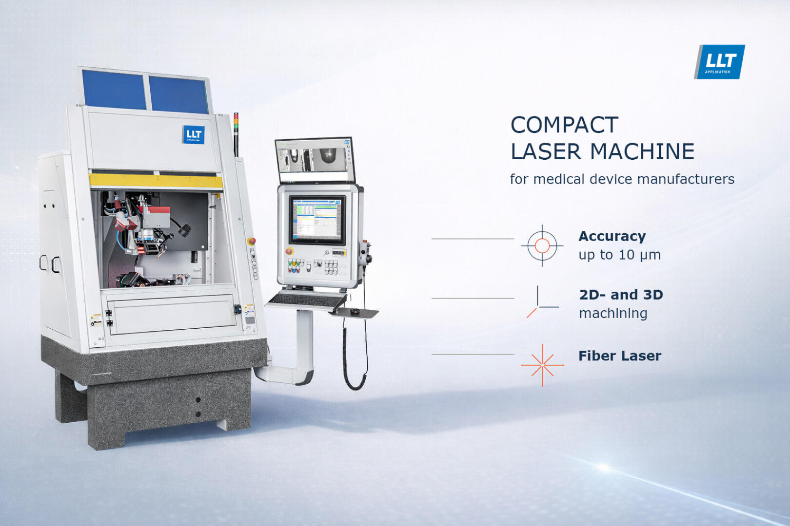 A compact laser machine and control panel for medical device manufacturing, highlighting features: up to 10 µm accuracy, 2D and 3D machining, and fiber laser technology. LLT company logo appears in the corner.