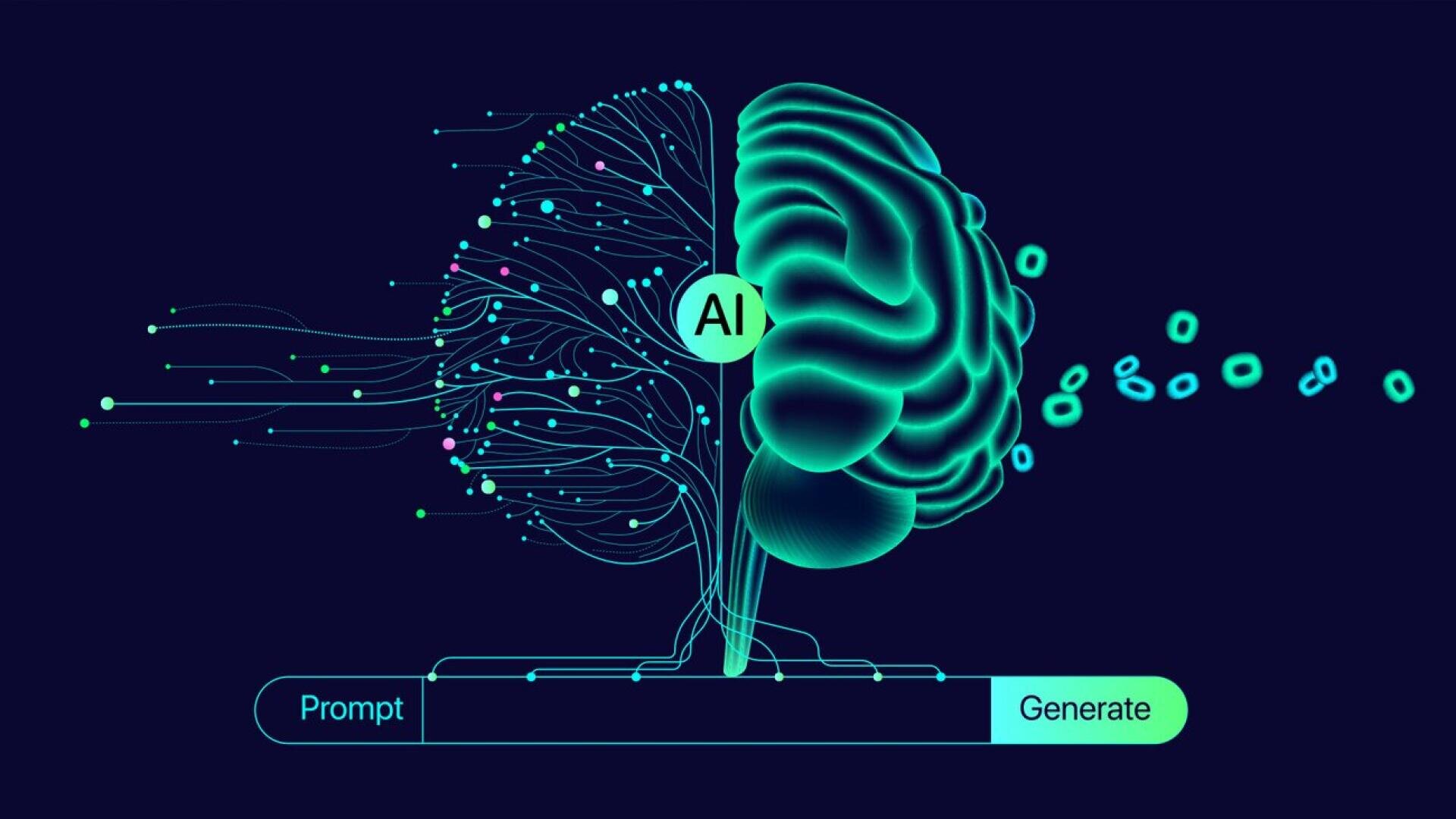 Digitale Illustration eines zweigeteilten Gehirns: Die linke Seite besteht aus Linien und Knoten eines neuronalen Netzes und ist mit "AI" beschriftet, während die rechte Seite ein realistisches Gehirn darstellt. Darunter befindet sich eine Leiste mit der Beschriftung "Aufforderung" zu "Erzeugen".