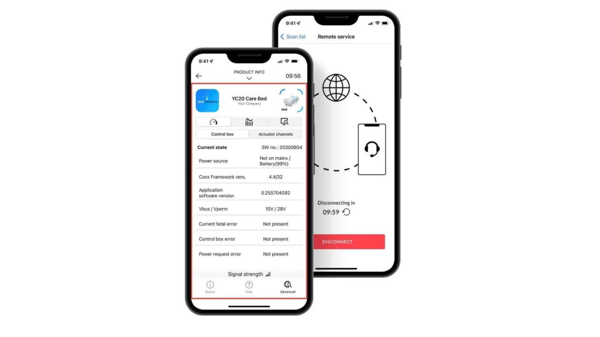 Two smartphones display a remote service app. The front phone shows detailed product information, while the back phone shows a disconnect screen with a globe, phone icon, and a “DISCONNECT” button.