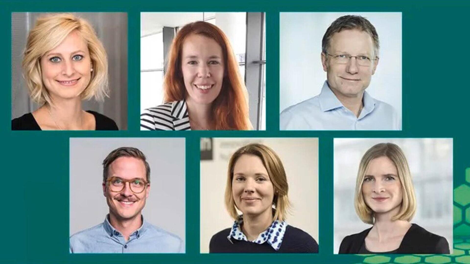 A collage of six professional headshots featuring three women and three men, all smiling, set against a teal background with geometric patterns.