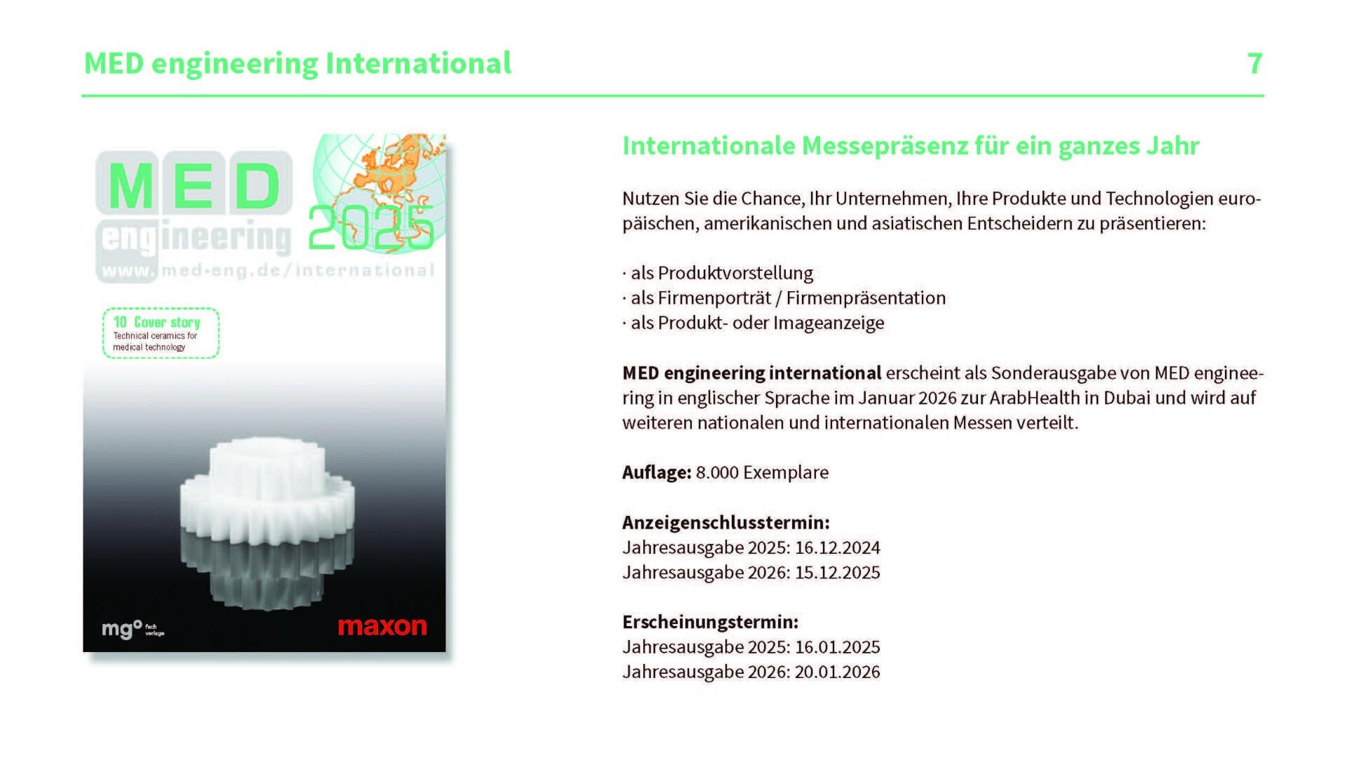 A page from a MED engineering International brochure displays a magazine cover with a white gear and the word “maxon.” Text highlights the magazines international reach, topics, issue frequency, and advertising deadlines.