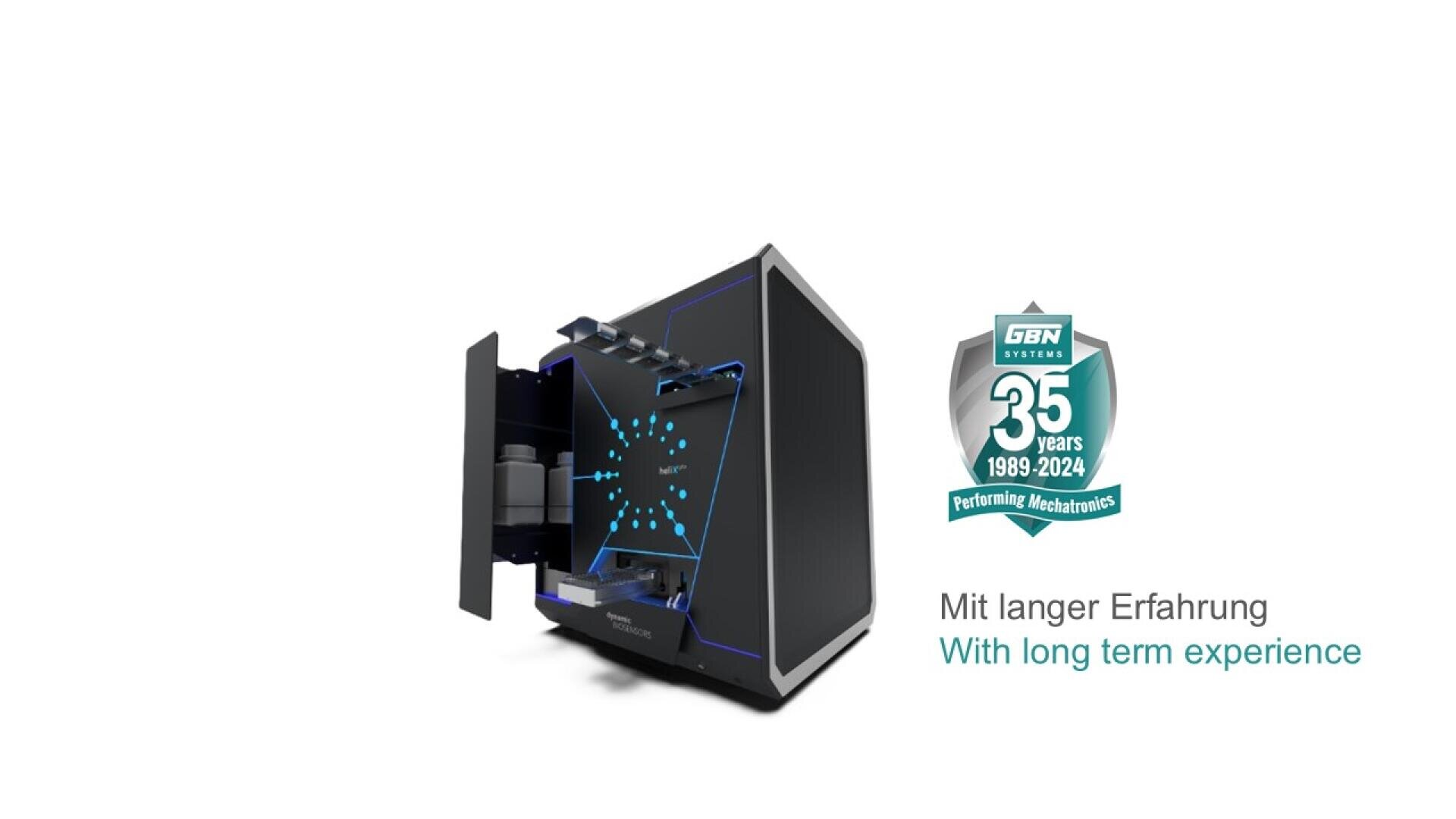 A modern, black industrial machine with blue lighting sits next to a green badge that reads “35 years 1989–2024.” Text below says, “Mit langer Erfahrung / With long term experience.”.