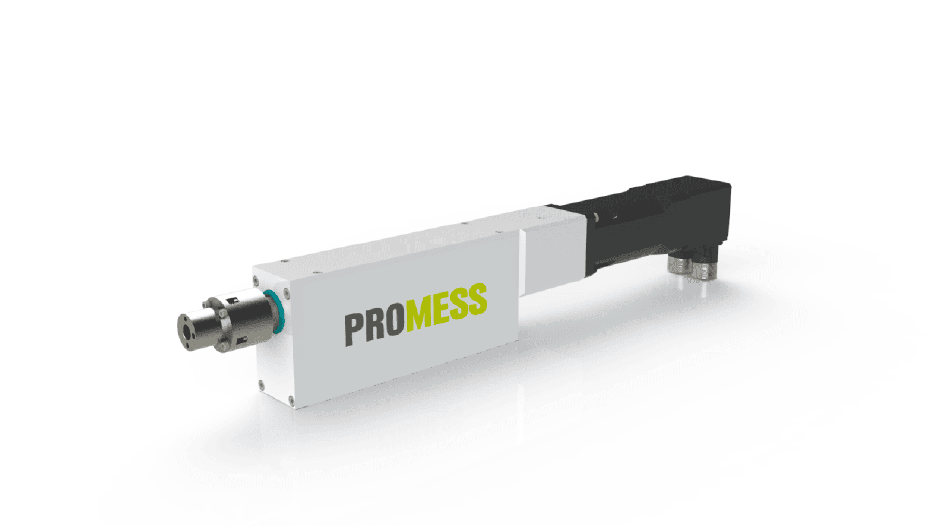 A Promess electric press actuator with a white casing, black rear section, cylindrical metal end, and the brand name “PROMESS” displayed on the side.