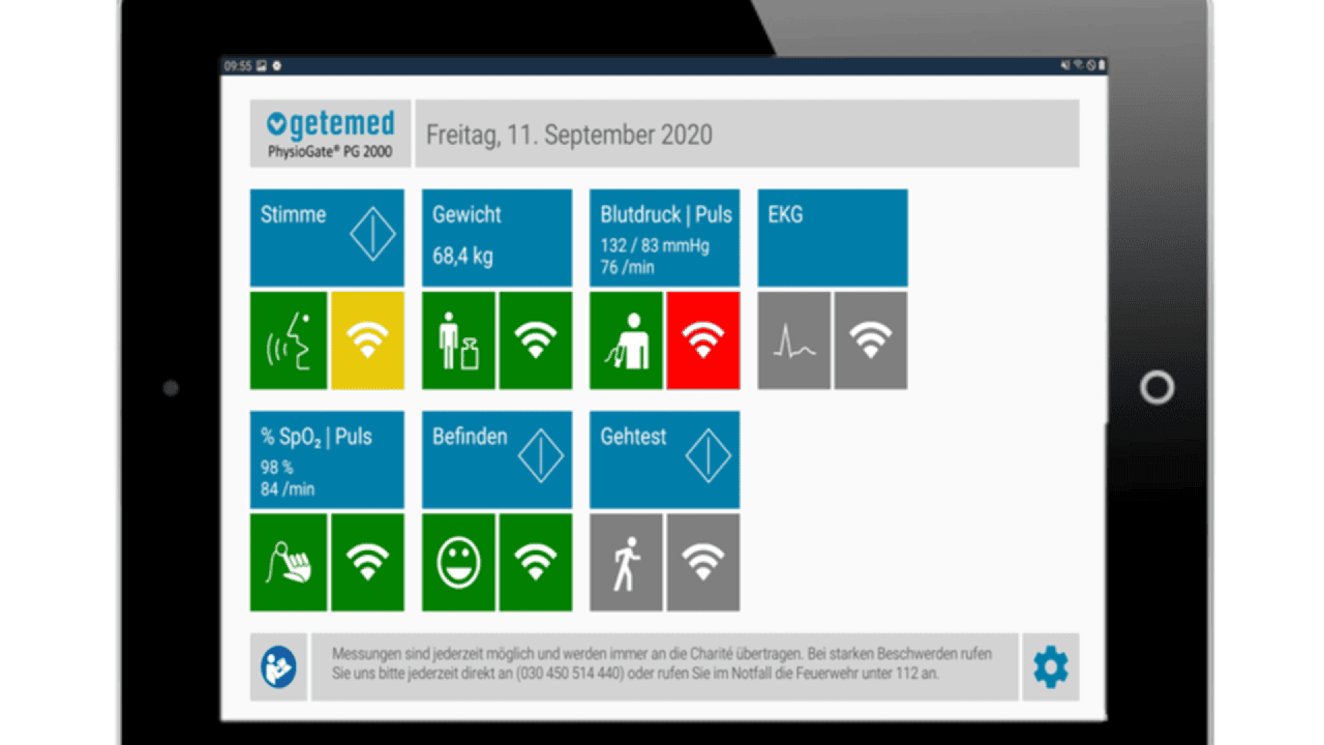 A tablet screen displays a medical app dashboard showing health metrics: voice, weight, blood pressure/pulse, ECG, oxygen saturation, pulse, well-being, and walking activity, with data and icons for each category.