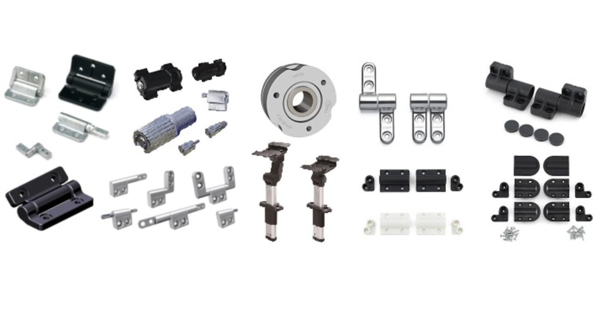 Various types of metal and plastic hinges, brackets, couplings, and mounting hardware parts arranged on a white background.