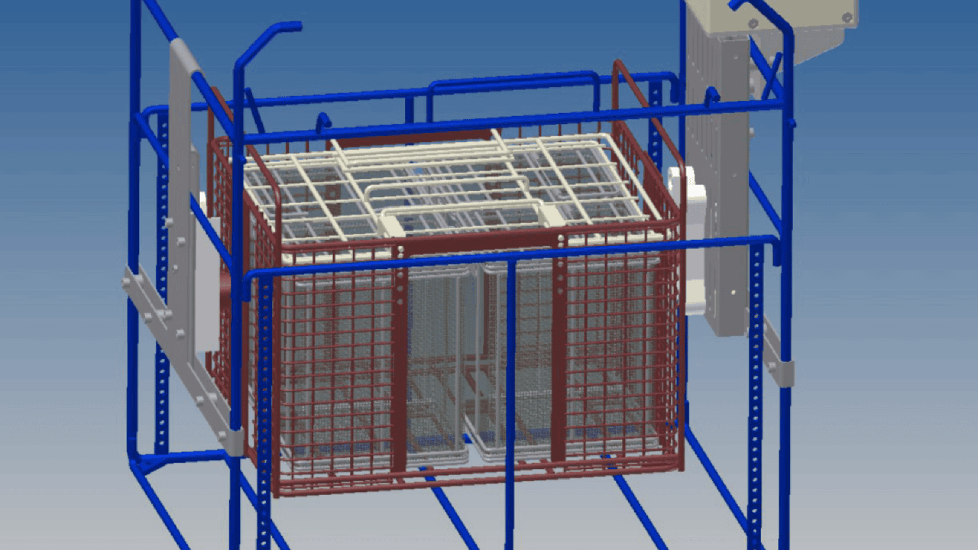 A 3D CAD model of an industrial metal cage with blue, red, and white frames, showing a complex assembly structure used likely for storage or lifting. The background is a gradient blue.