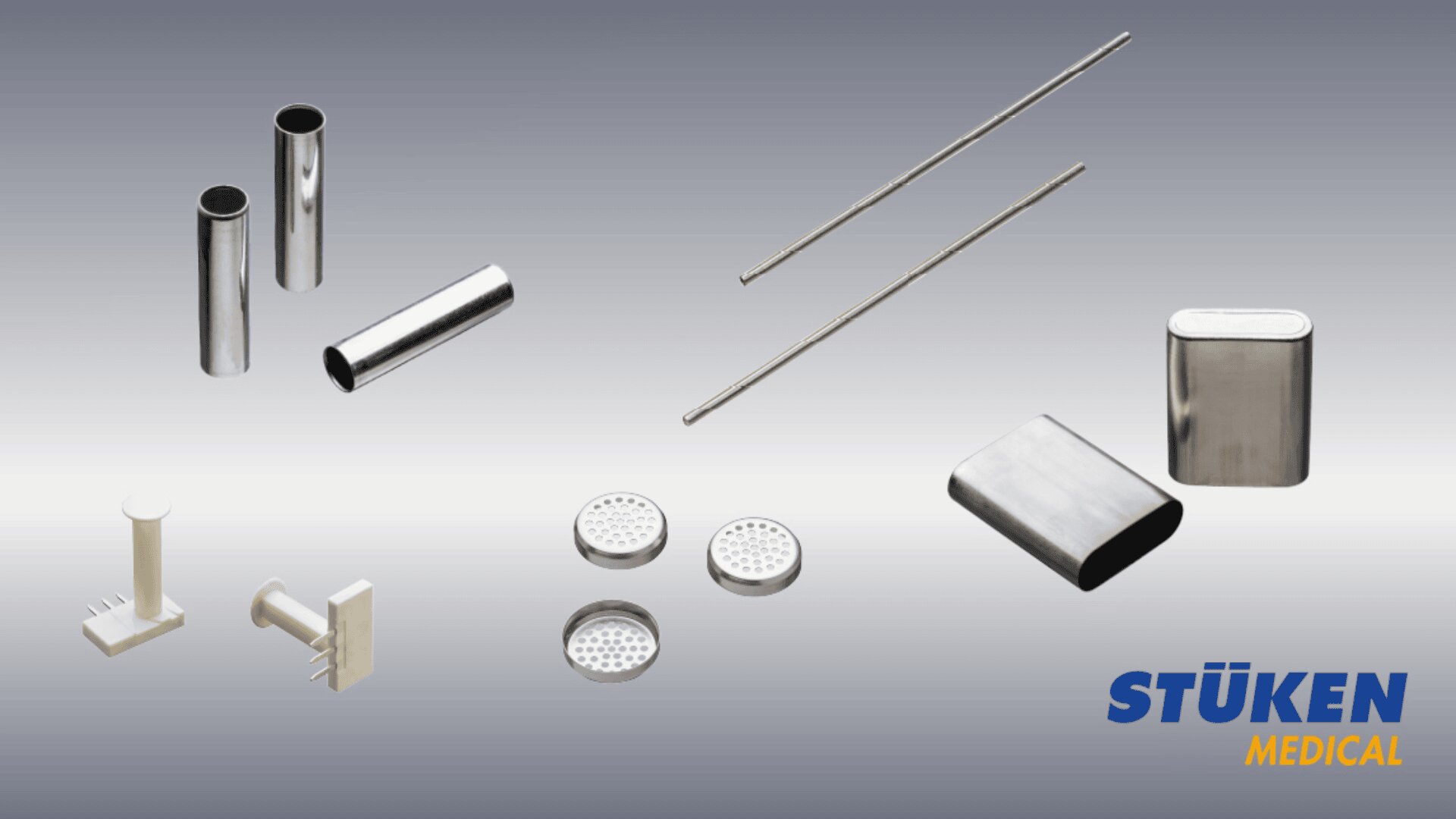 Assorted metal and plastic medical components, including tubes, rods, mesh discs, connectors, and a rectangular case, displayed on a gradient background with the STÜKEN MEDICAL logo in the lower right corner.
