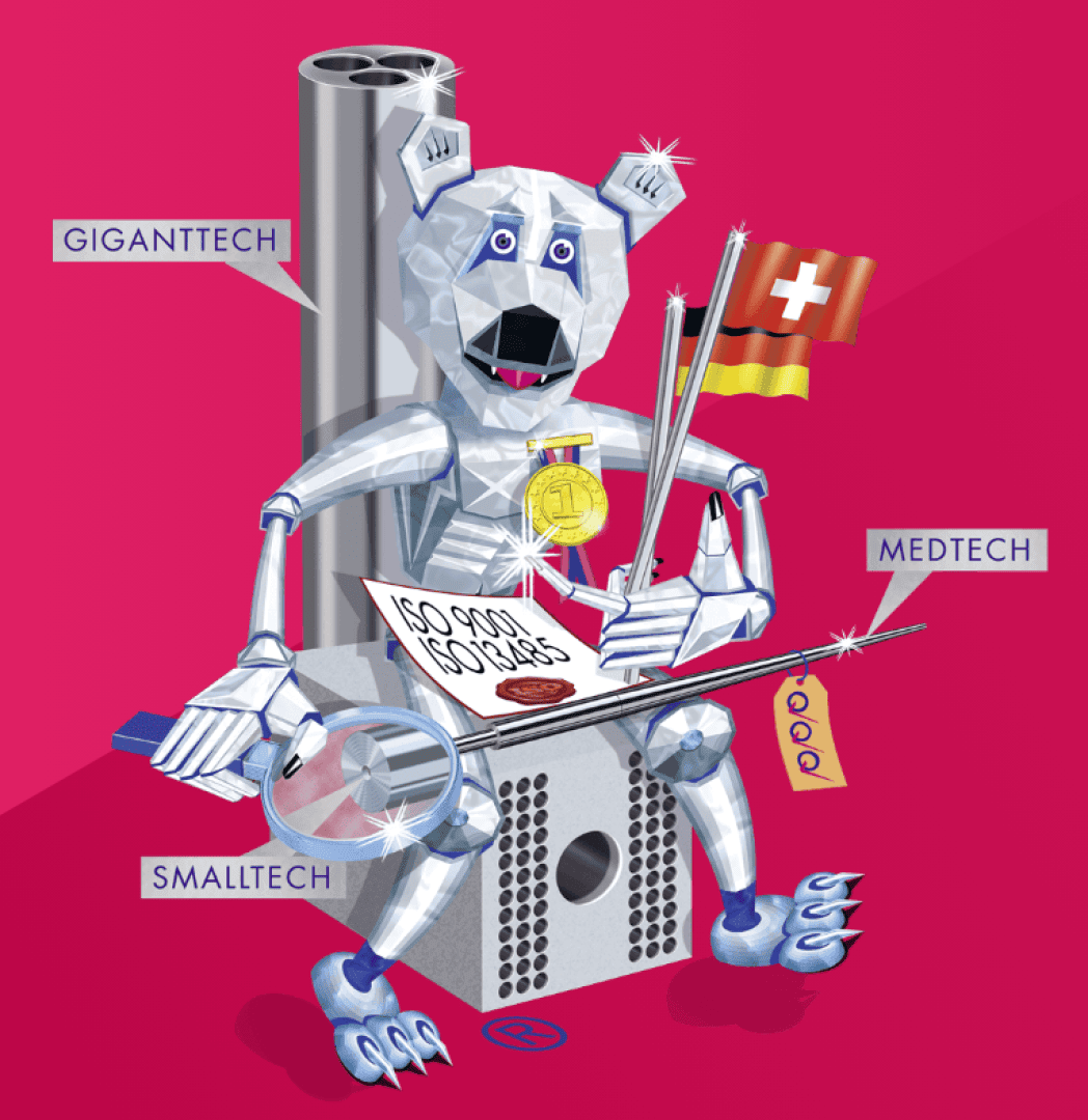 A metallic, robotic bear sits on a block holding a Swiss flag and chopsticks with pills. Labels point to its arms: “GIGANTTECH,” “MEDTECH,” and “SMALLTECH.” A gold medal and a paper reading “150,000 JOBS” are on its body.