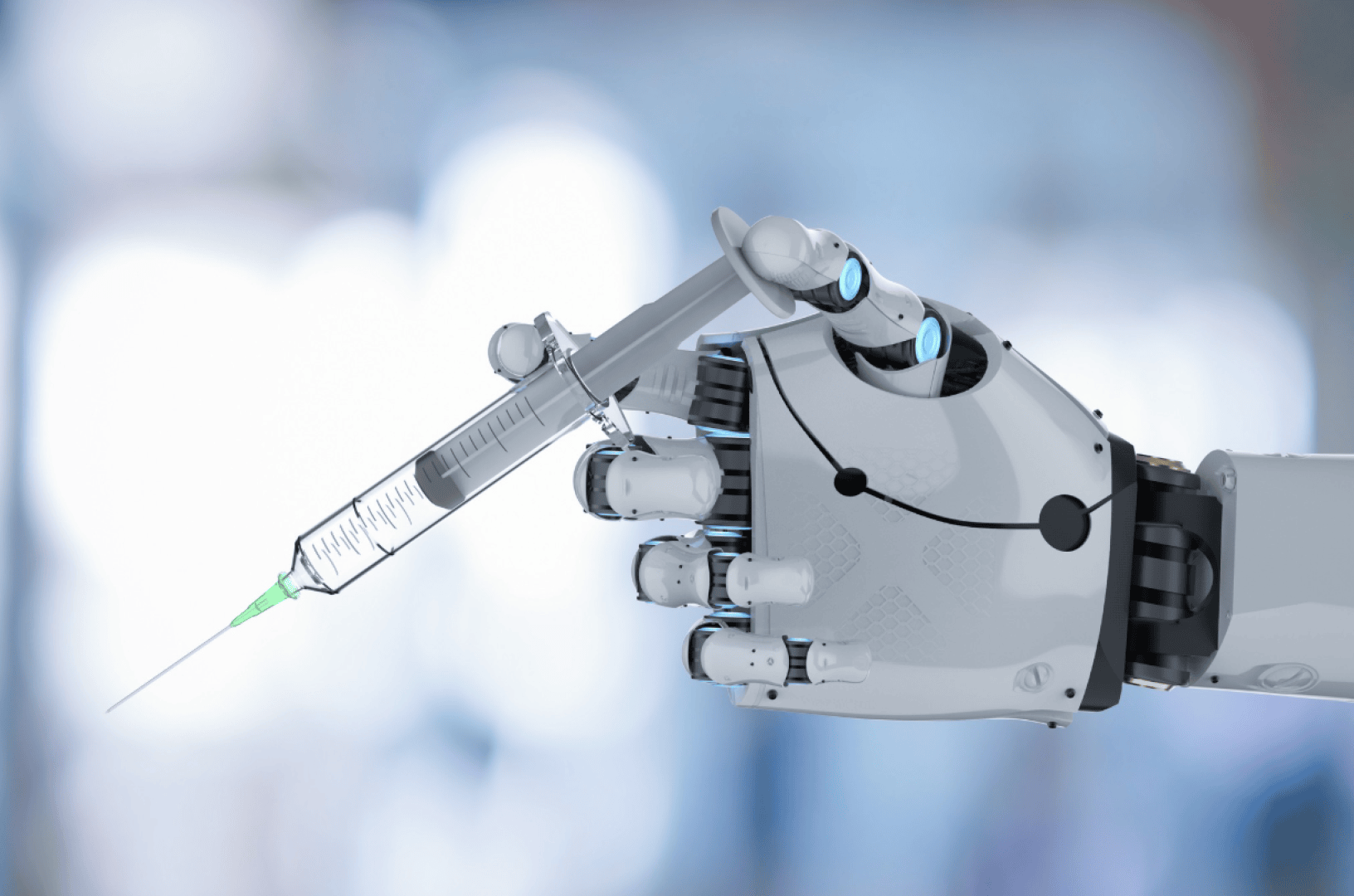 A robotic hand holds a syringe filled with liquid, with a blurred blue and white background.