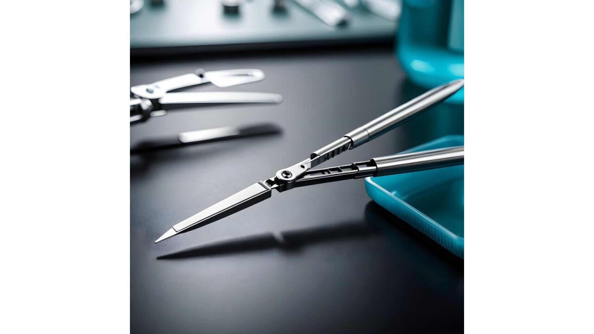 A close-up of a pair of clean, stainless steel surgical scissors on a dark surface, with other surgical instruments and a blue tray in the background, suggesting a medical or surgical setting.