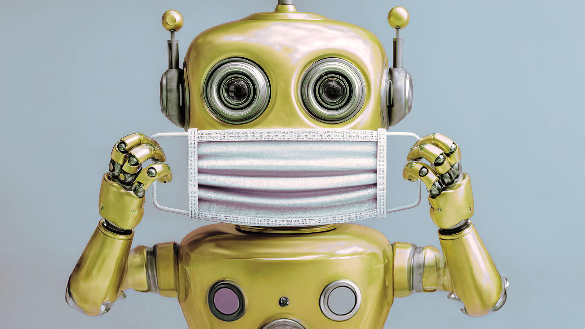 Ein leuchtend gelber Roboter hält sich eine weiße Gesichtsmaske vor das Gesicht, hinter der sich ein hellblauer Hintergrund befindet. Die großen, runden Augen des Roboters blicken nach vorne.