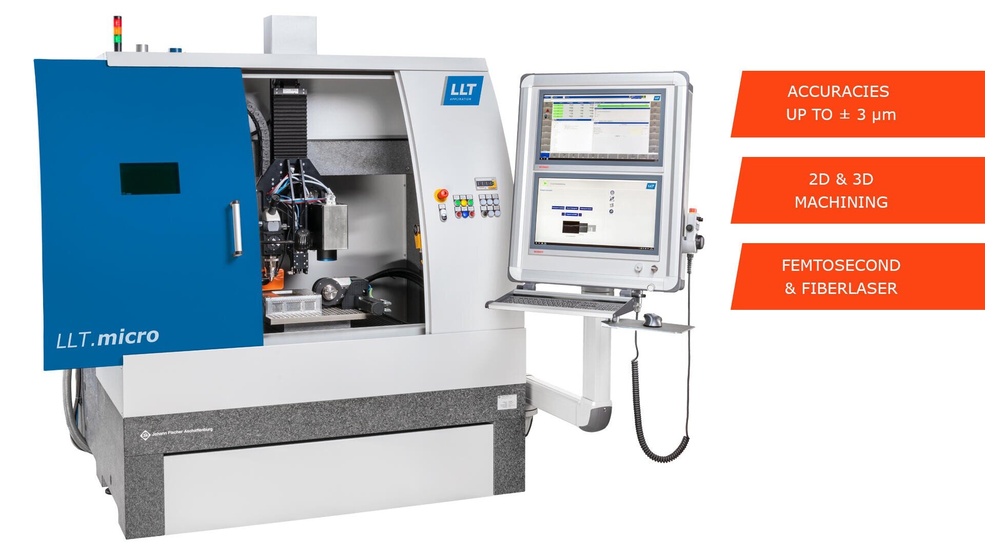 A precision machining machine, labeled LLT.micro, stands next to a control monitor displaying software. Text highlights accuracies up to ±3 µm, 2D & 3D machining, and femtosecond & fiber laser capabilities.