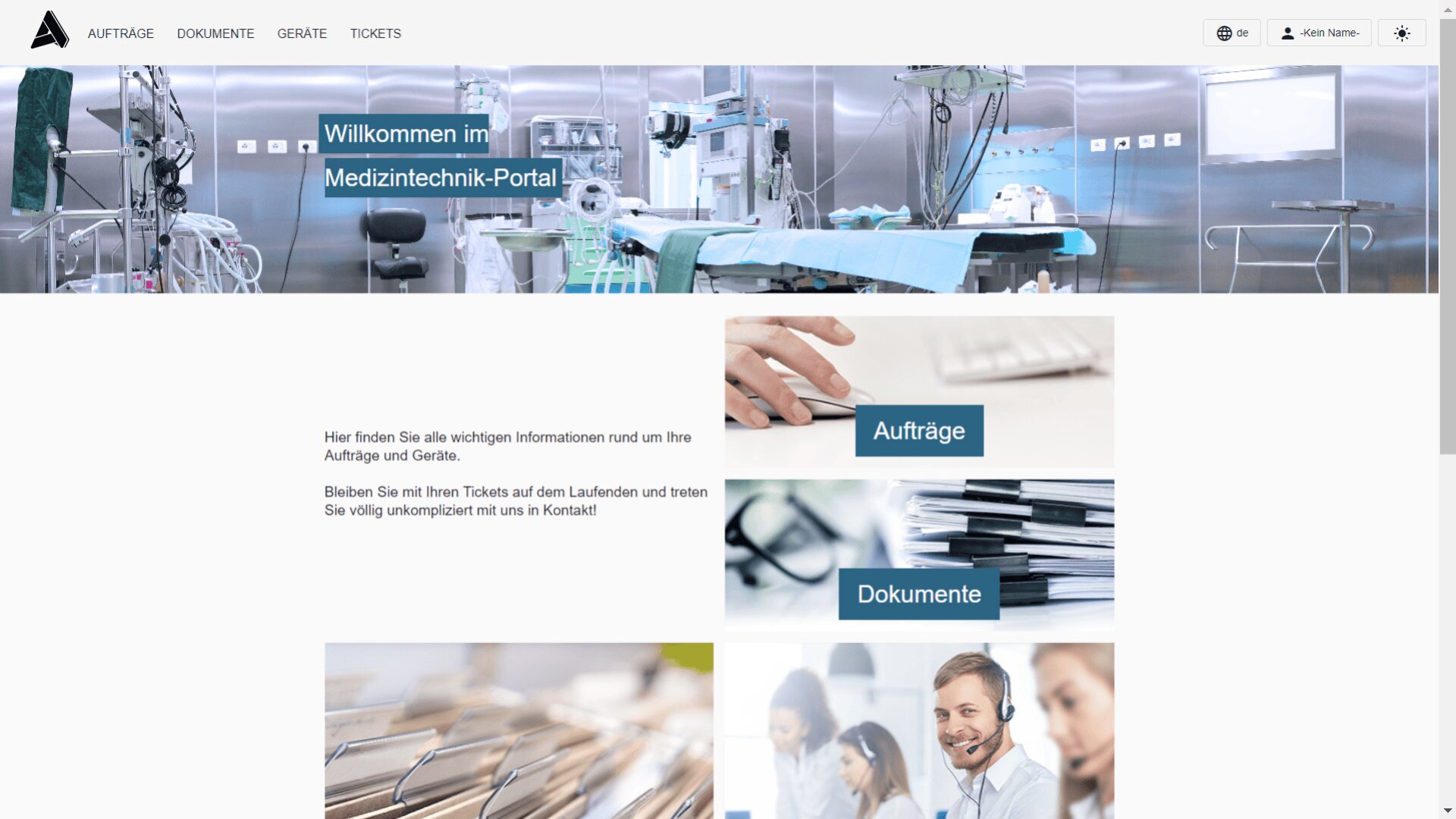 Ein Operationssaal mit medizinischer Ausrüstung. Der Text „Willkommen im Medizintechnik-Portal“ ist eingeblendet. Darunter befinden sich Schaltflächen mit den Bezeichnungen „Aufträge“ und „Dokumente“ sowie Bilder von Menschen bei der Arbeit in einem Büro. Oben ist die Website-Navigation sichtbar.