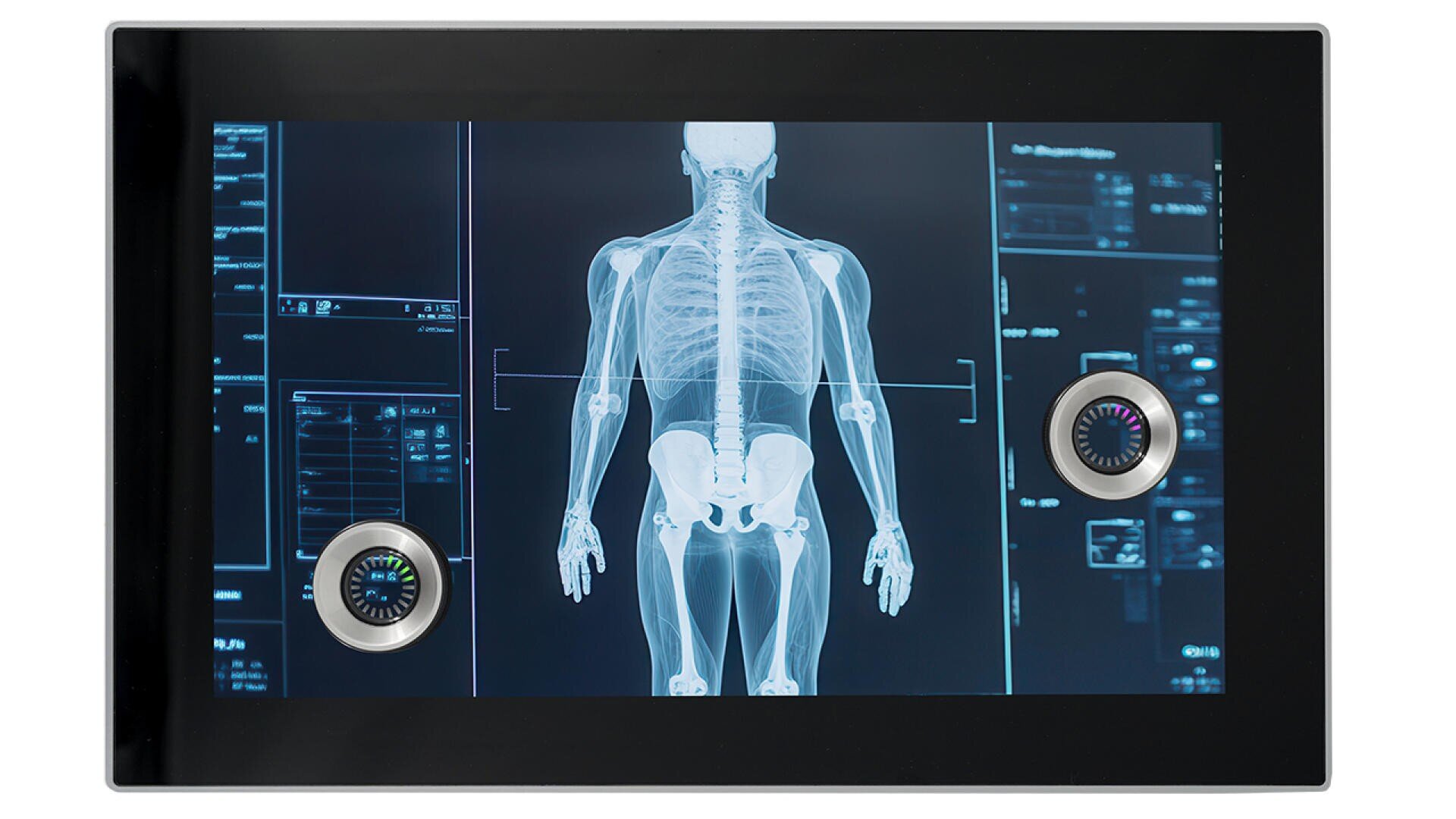 A digital display shows a human skeleton X-ray with technical data and two control dials on the screen interface.