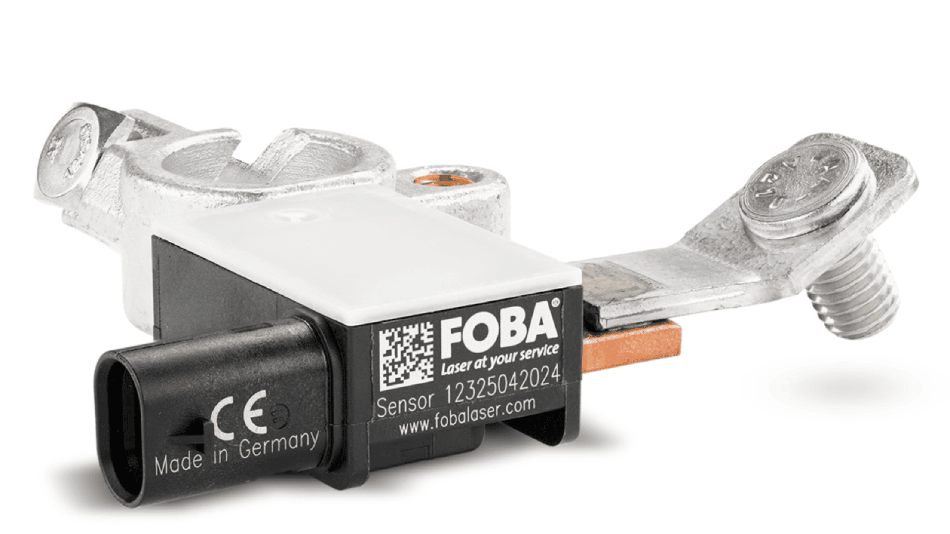 A close-up of a FOBA sensor device with a metal clamp and screw, marked Made in Germany. The sensor displays a QR code, model number 1325042024, and the FOBA brand logo.