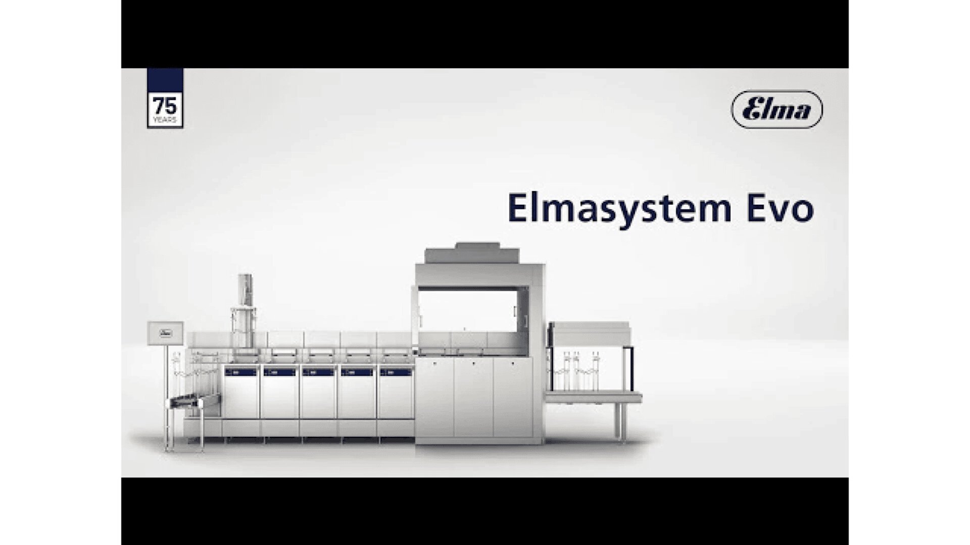 A modern industrial cleaning machine labeled Elmasystem Evo by Elma, shown against a white background with the Elma logo and 75 years badge in the top left corner.