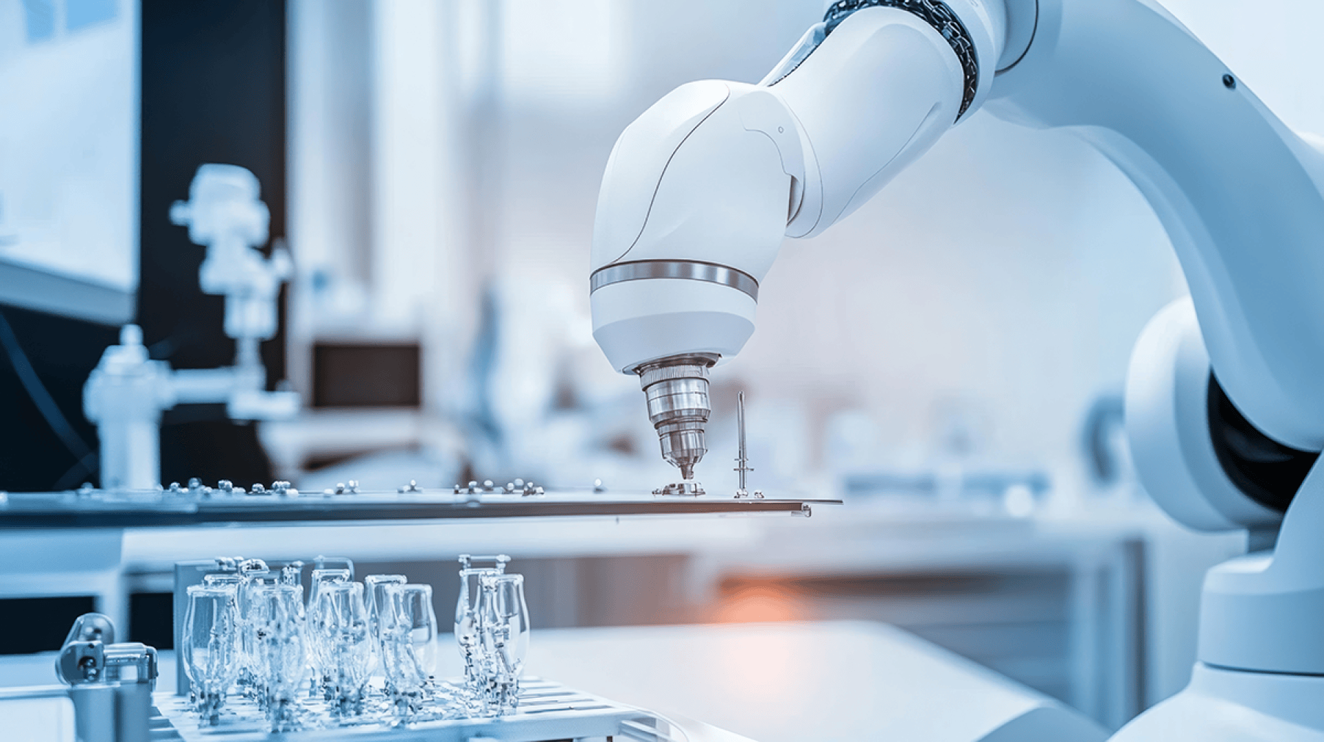 A robotic arm works in a laboratory, handling test tubes on a tray with precision. The scene is clean and modern, emphasizing the advanced automation and technology used in scientific research.